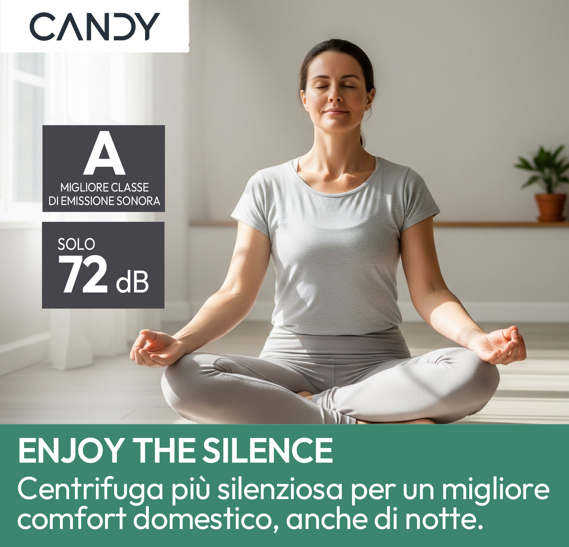 Una mujer medita en una habitación luminosa. El texto dice 'Disfruta del silencio'. El logo de Candy es visible.