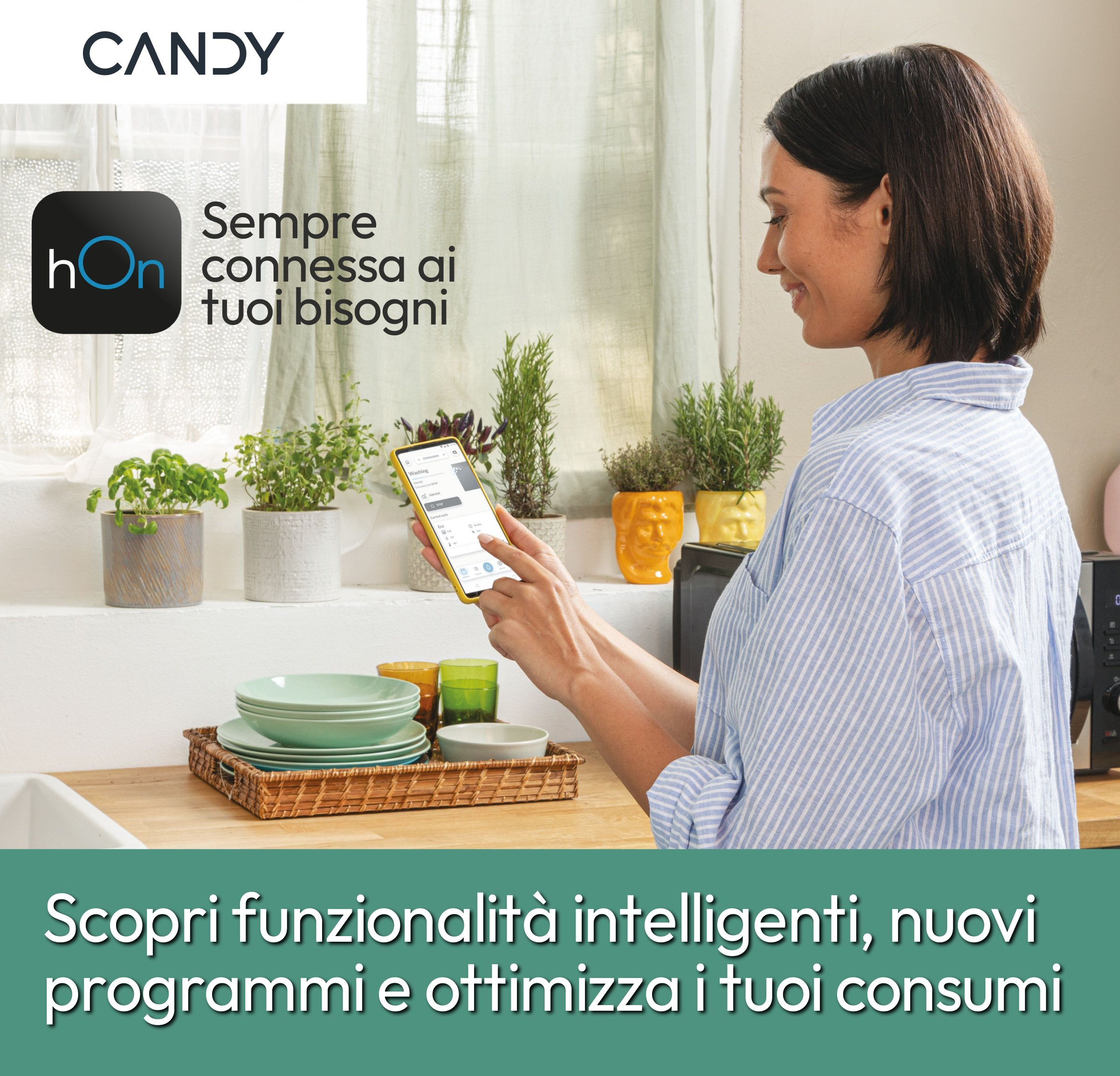 Mujer usa teléfono, plantas en alféizar, platos en mesa, microondas a la derecha.