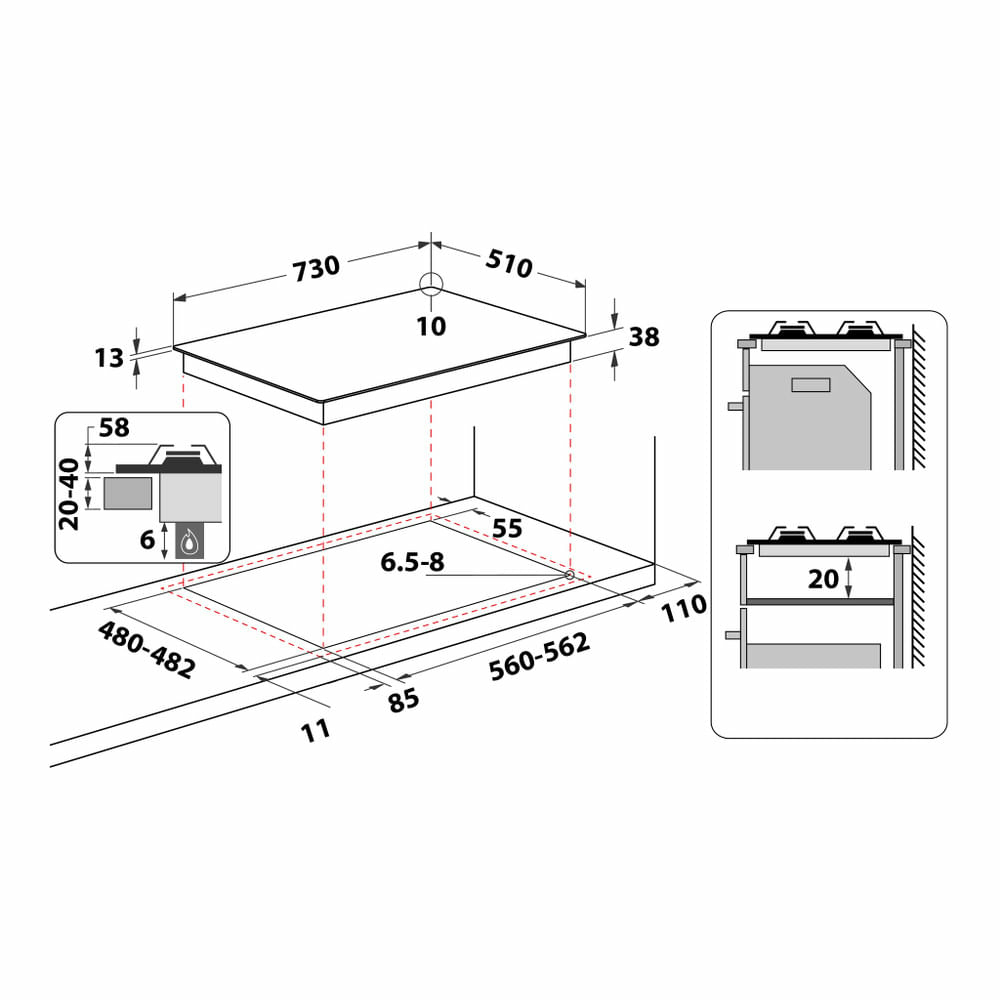 Schema di un piano cottura con dimensioni. Include vista dall'alto, laterali e dimensioni dettagliate in millimetri.