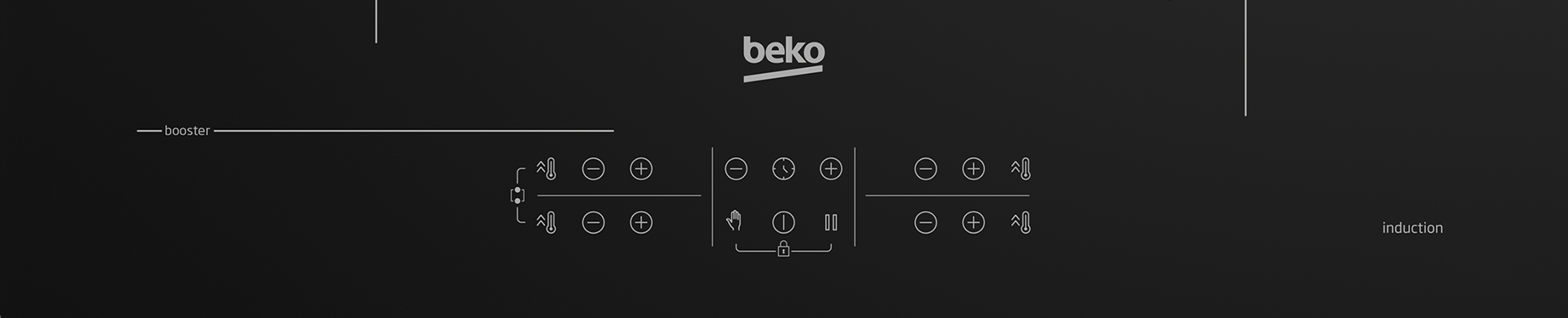 Czarna płyta indukcyjna z białymi symbolami i tekstem, w tym regulatorami temperatury, poziomami mocy i logo Beko.