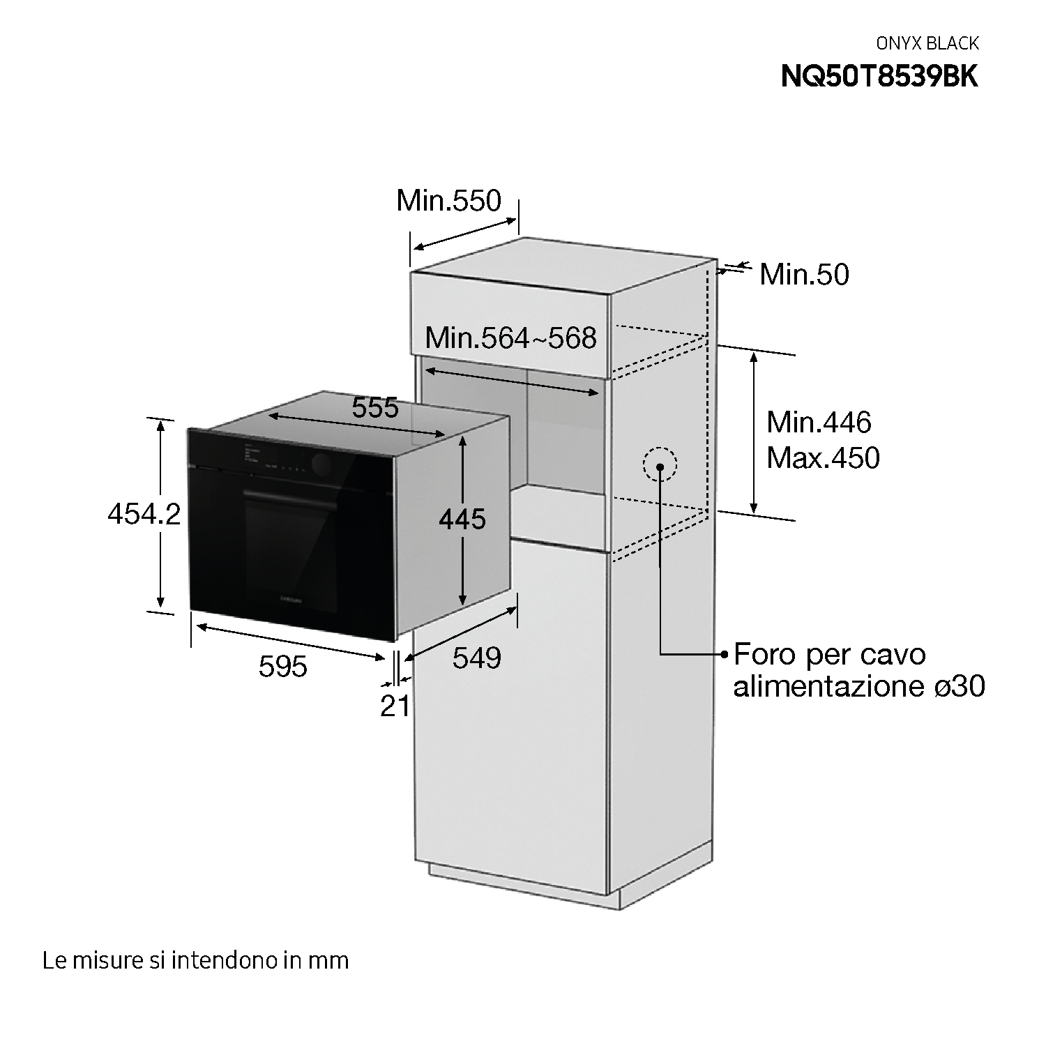 Schema di un forno con dimensioni in mm. Mostra le dimensioni del forno e del suo scomparto.