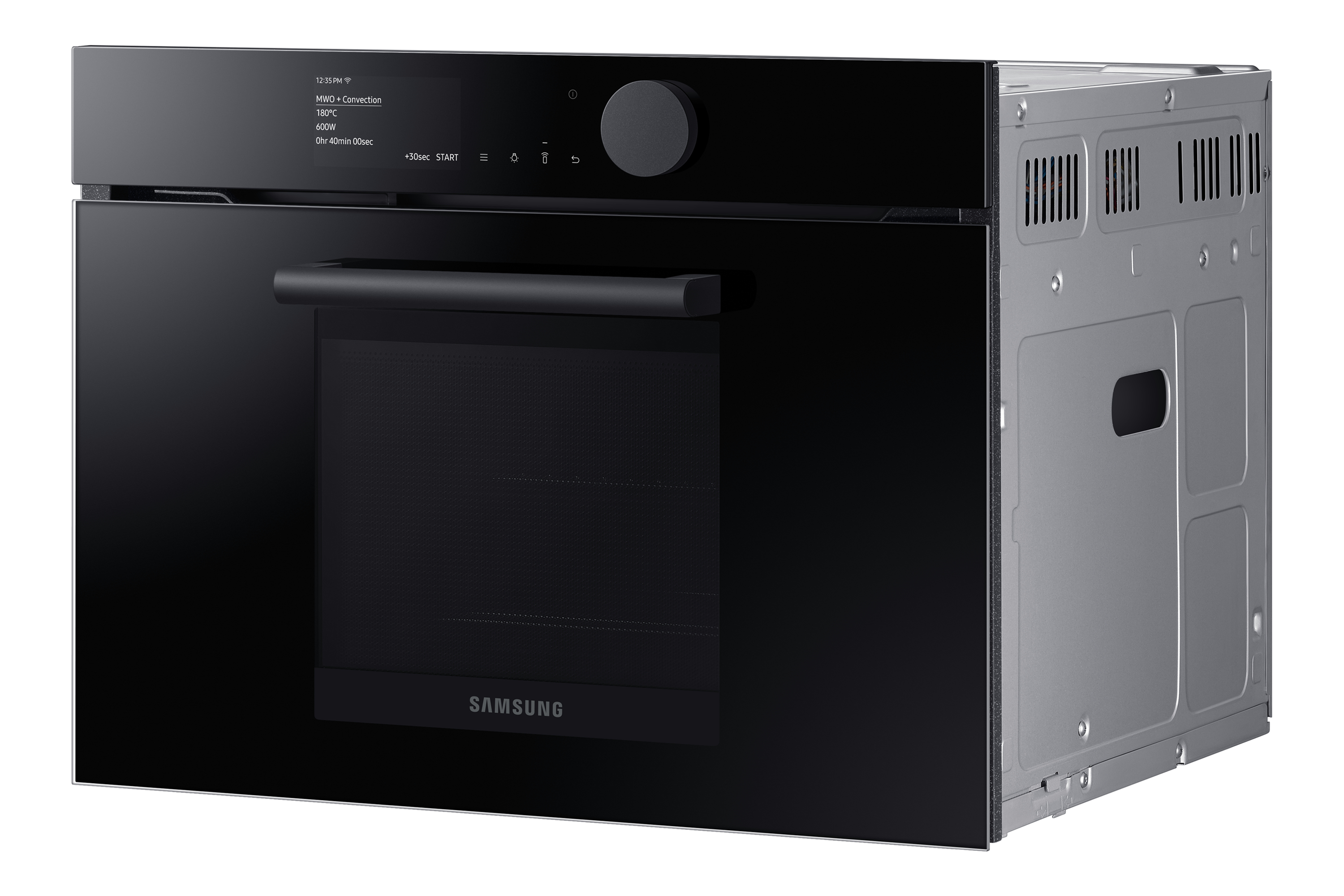 Un forno Samsung nero con display digitale. Sfondo bianco, lato in acciaio inossidabile.