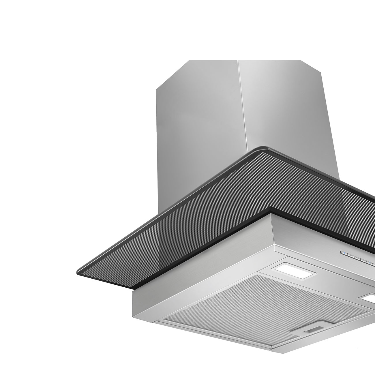 Una campana extractora moderna de acero inoxidable con panel de vidrio y forma rectangular, sobre fondo blanco.