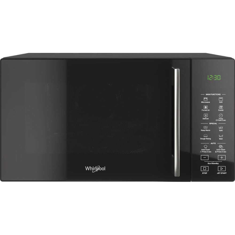 Un microondas Whirlpool negro muestra 12:30. Las funciones incluyen microondas, grill, descongelación y cocción automática.