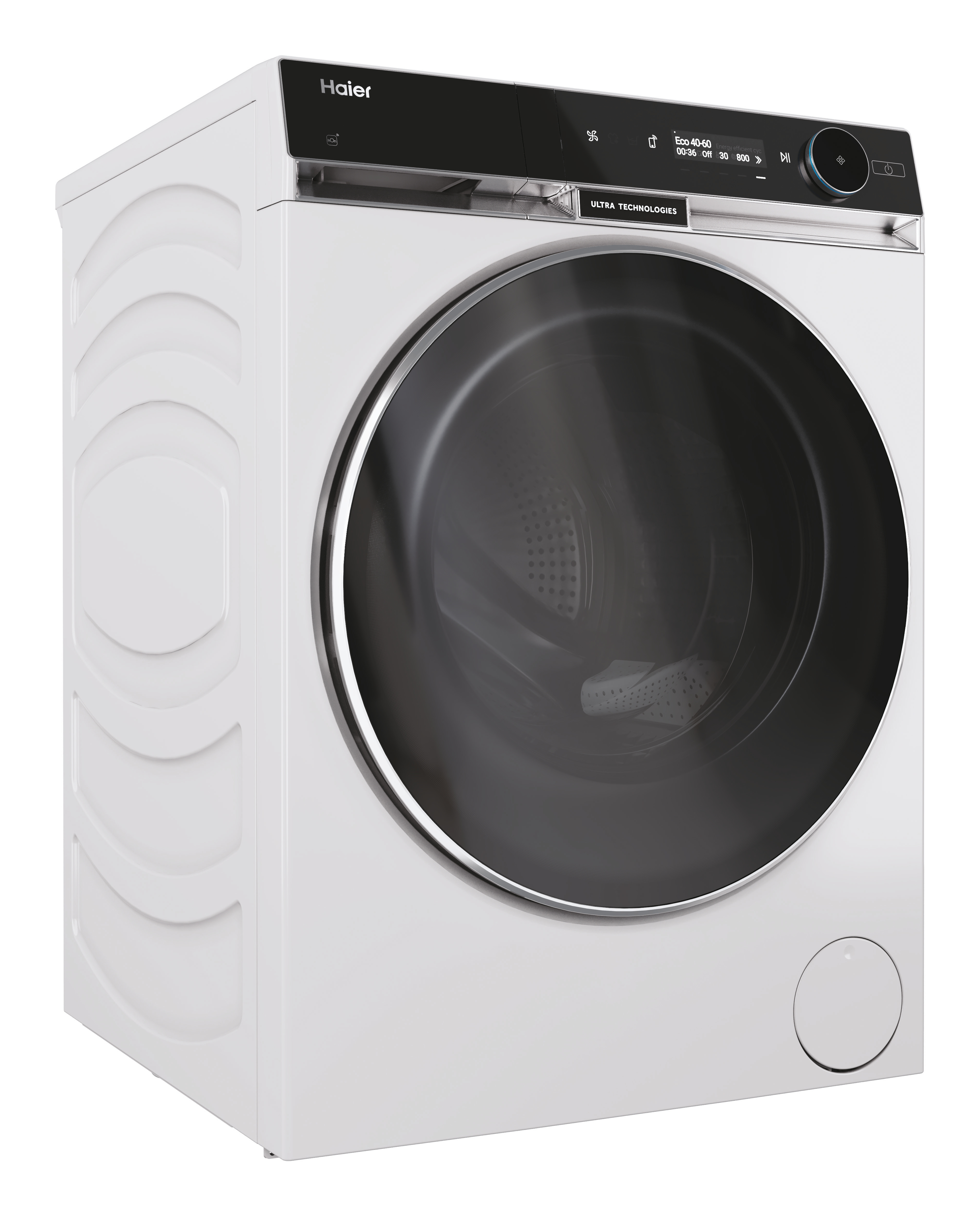Una lavadora Haier blanca. Tiene un panel de control negro y una puerta de cristal oscura grande.