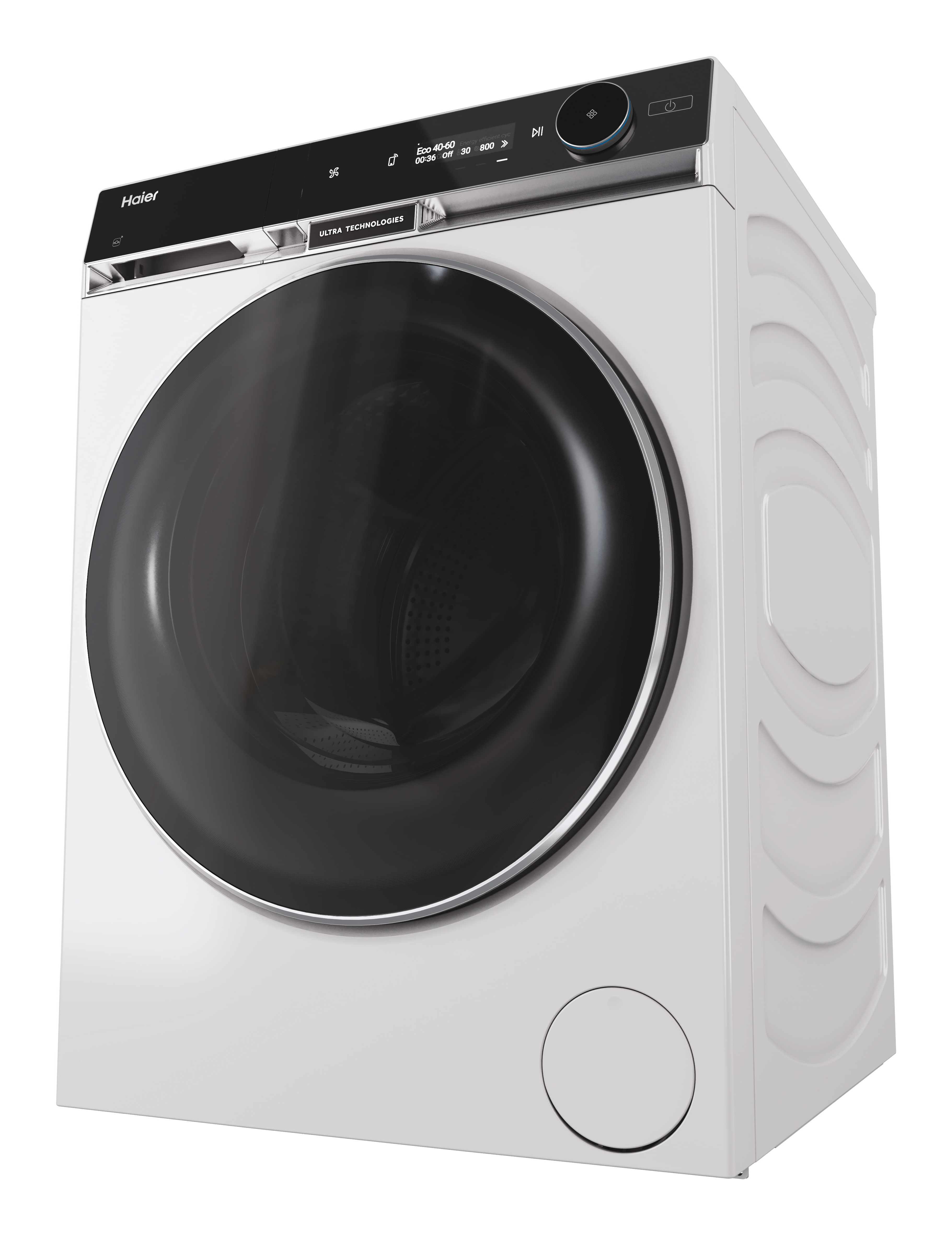 Lavadora Haier blanca. Tiene puerta y panel de control negros. El diseño presenta líneas curvas.