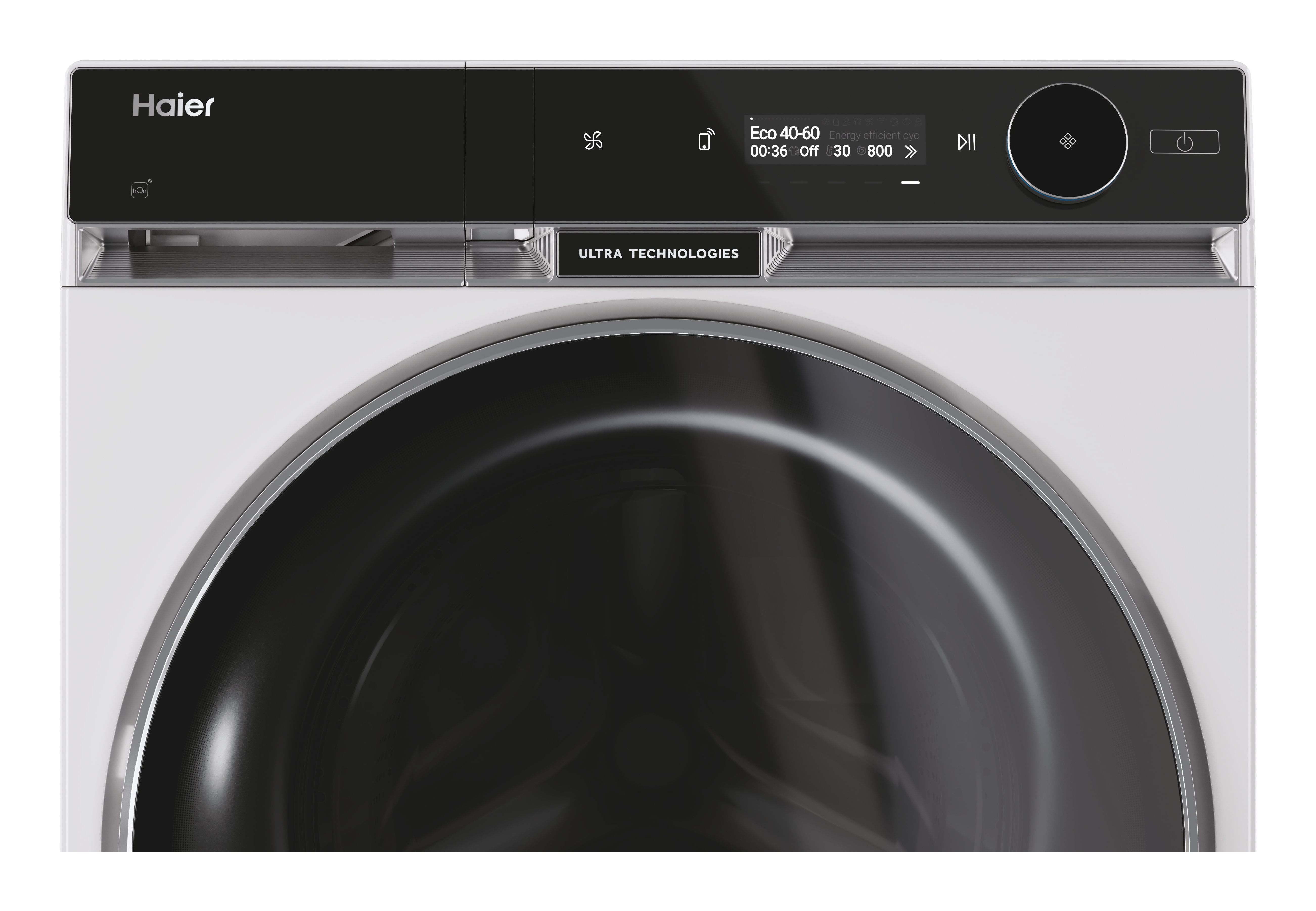 Primer plano de una lavadora Haier. Muestra una pantalla digital con información del ciclo y controles.