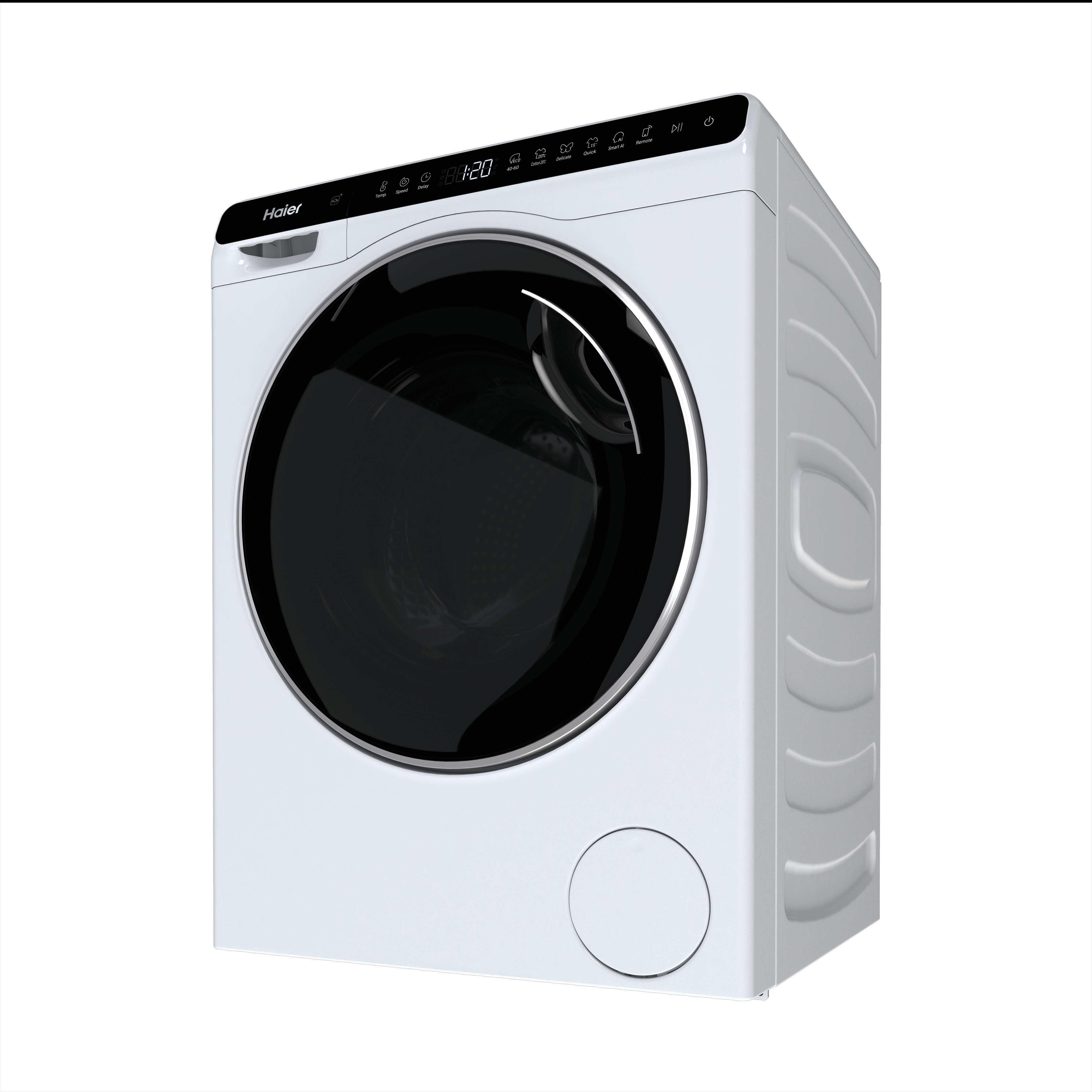 Un lave-linge Haier blanc. Il a une porte noire, un panneau de commande et un panneau d'accès circulaire.