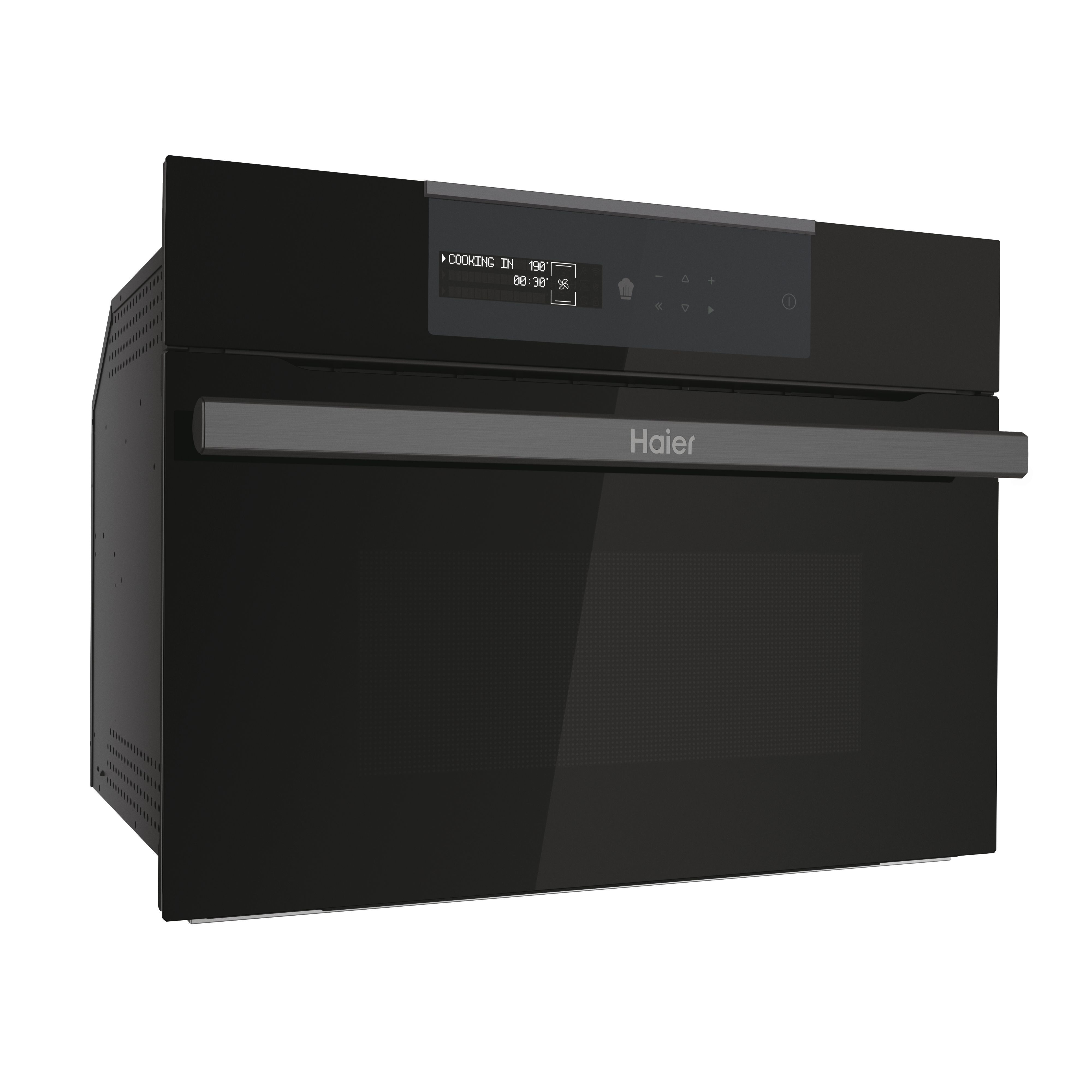 Un horno Haier negro con pantalla digital que muestra el tiempo y la temperatura de cocción. Tiene un asa metálica.