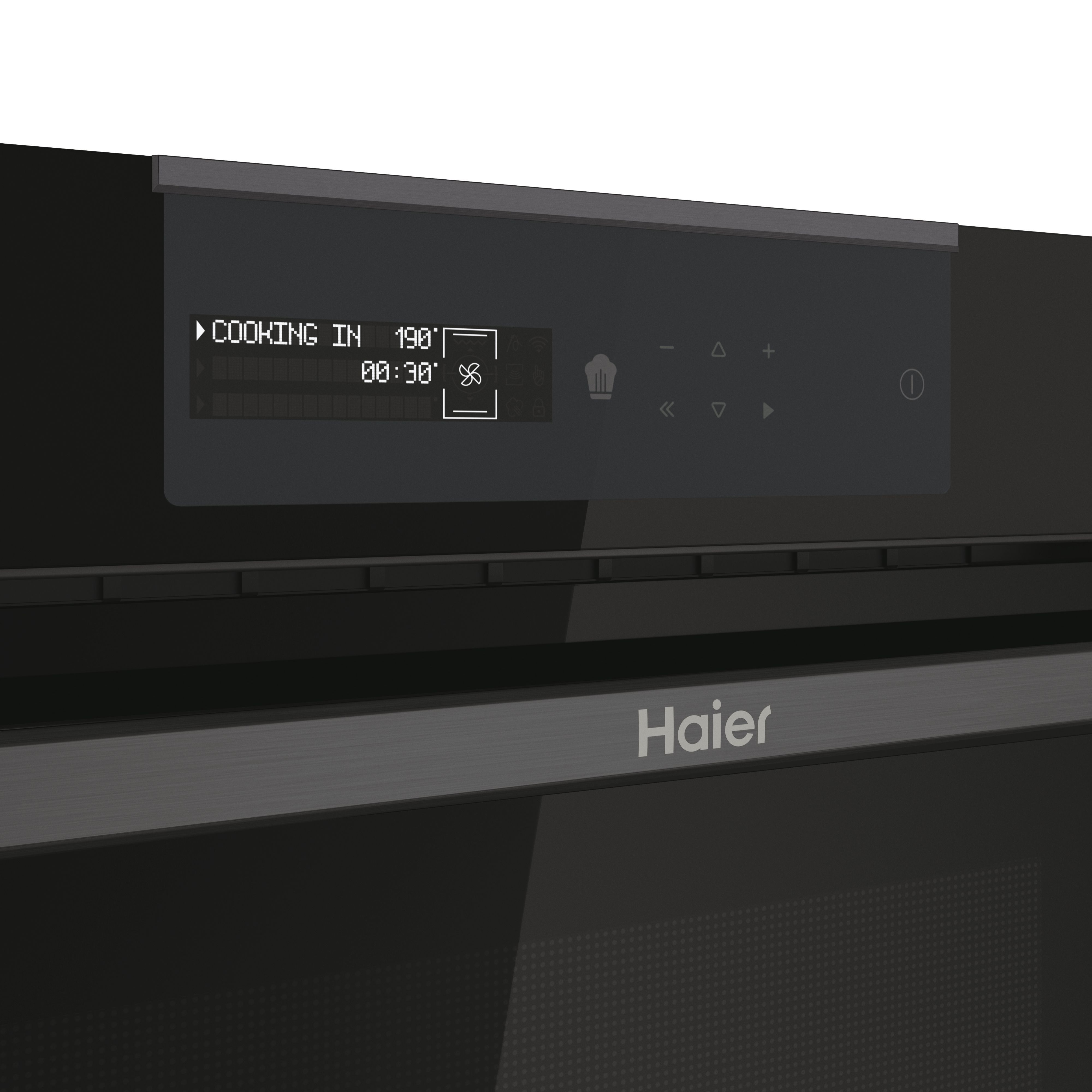 Primer plano del panel de control de un horno Haier que muestra la configuración de cocción: temperatura, tiempo e iconos.