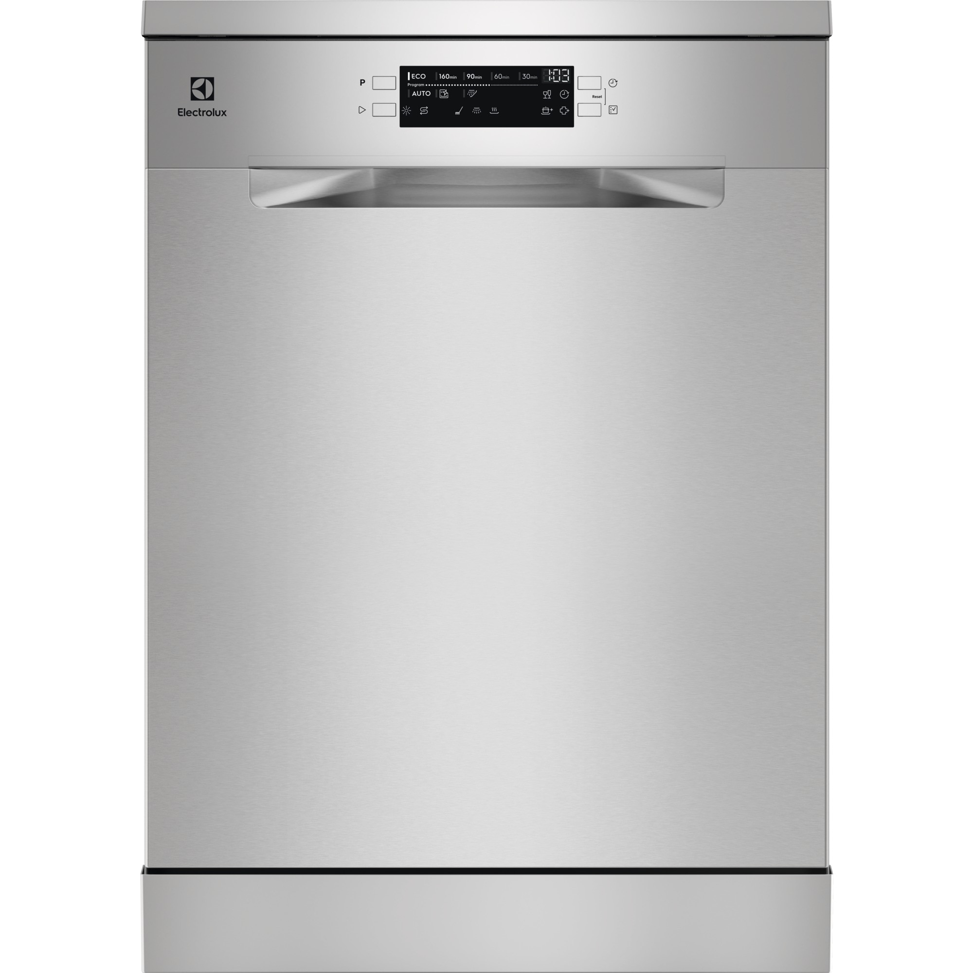 Zmywarka Electrolux ze stali nierdzewnej. Posiada cyfrowy wyświetlacz i przyciski do programów.