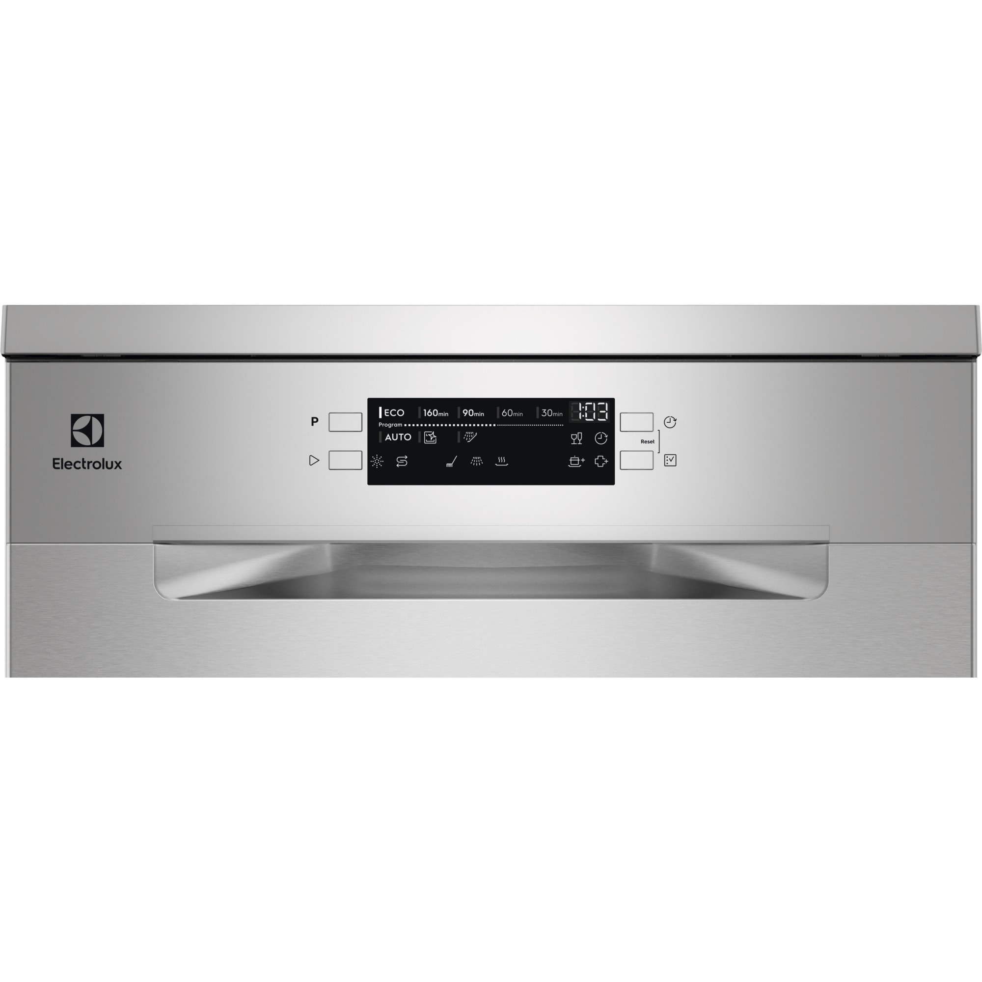 Srebrny panel sterowania zmywarki Electrolux. Wyświetla przyciski i zegar cyfrowy. Uchwyt na dole.