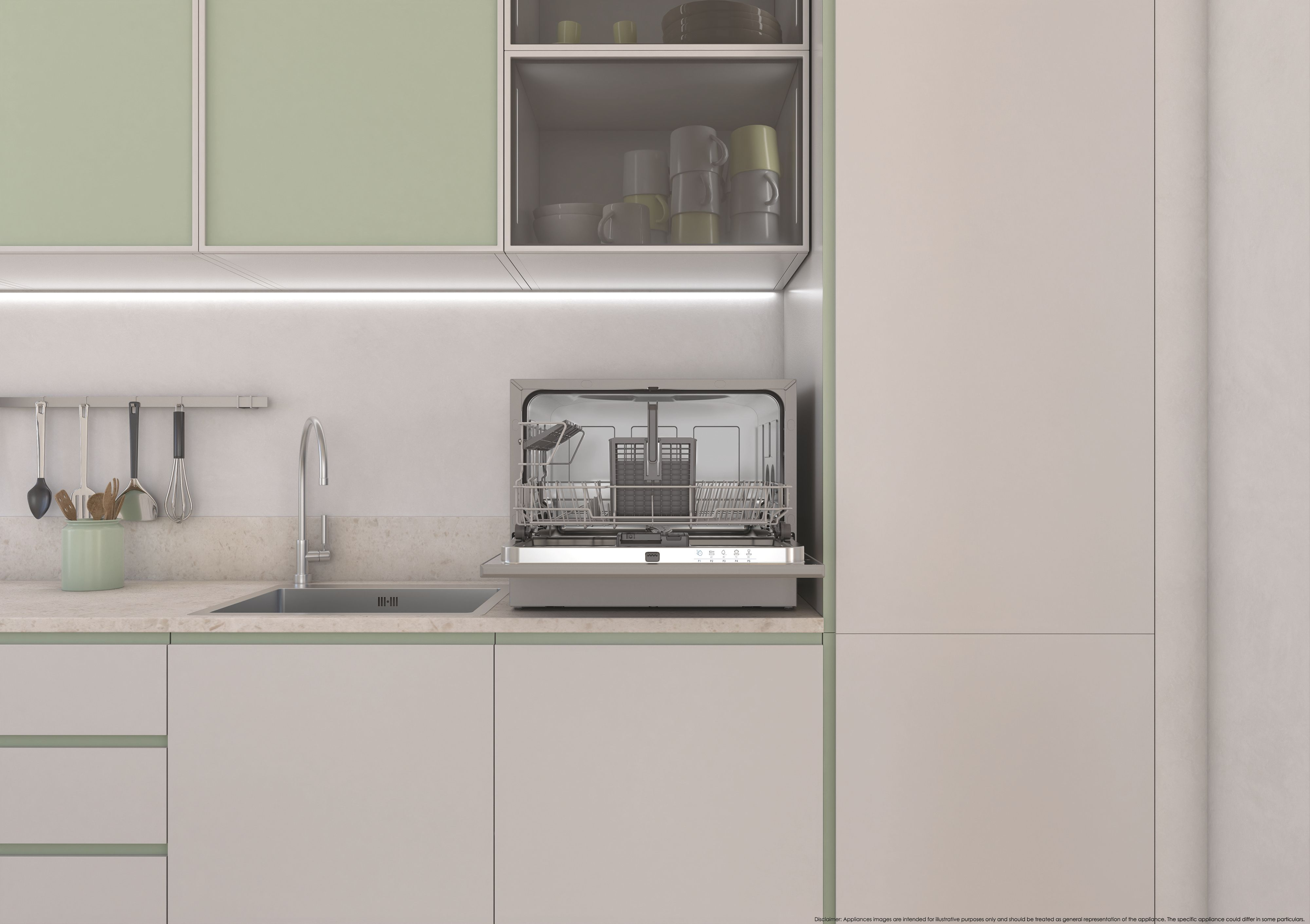 Nowoczesna kuchnia ze zmywarką, zlewem i szafkami. Obecne są jasne odcienie zieleni i bieli.