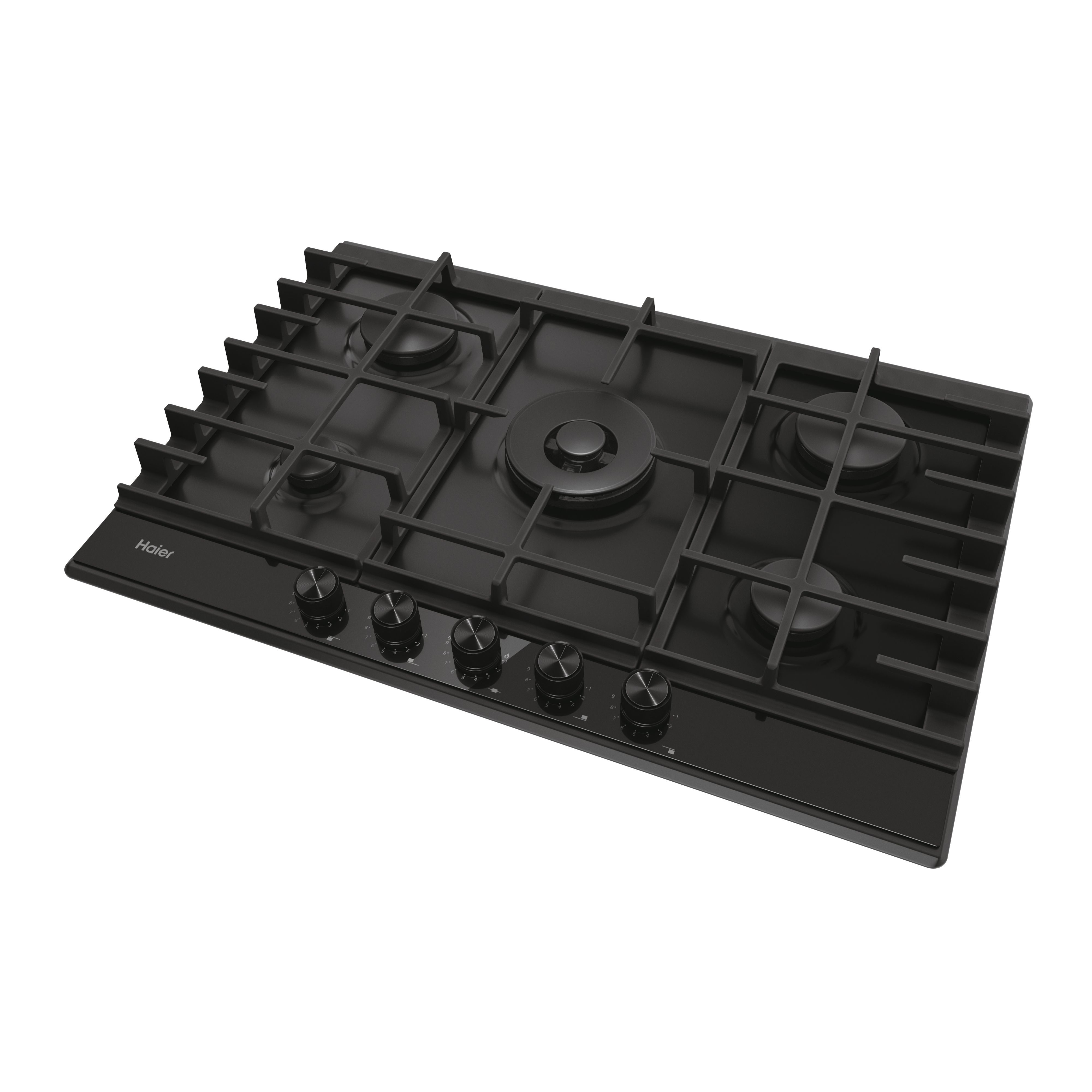 Una placa de gas negra Haier con cinco quemadores y mandos. La placa está sobre fondo blanco.