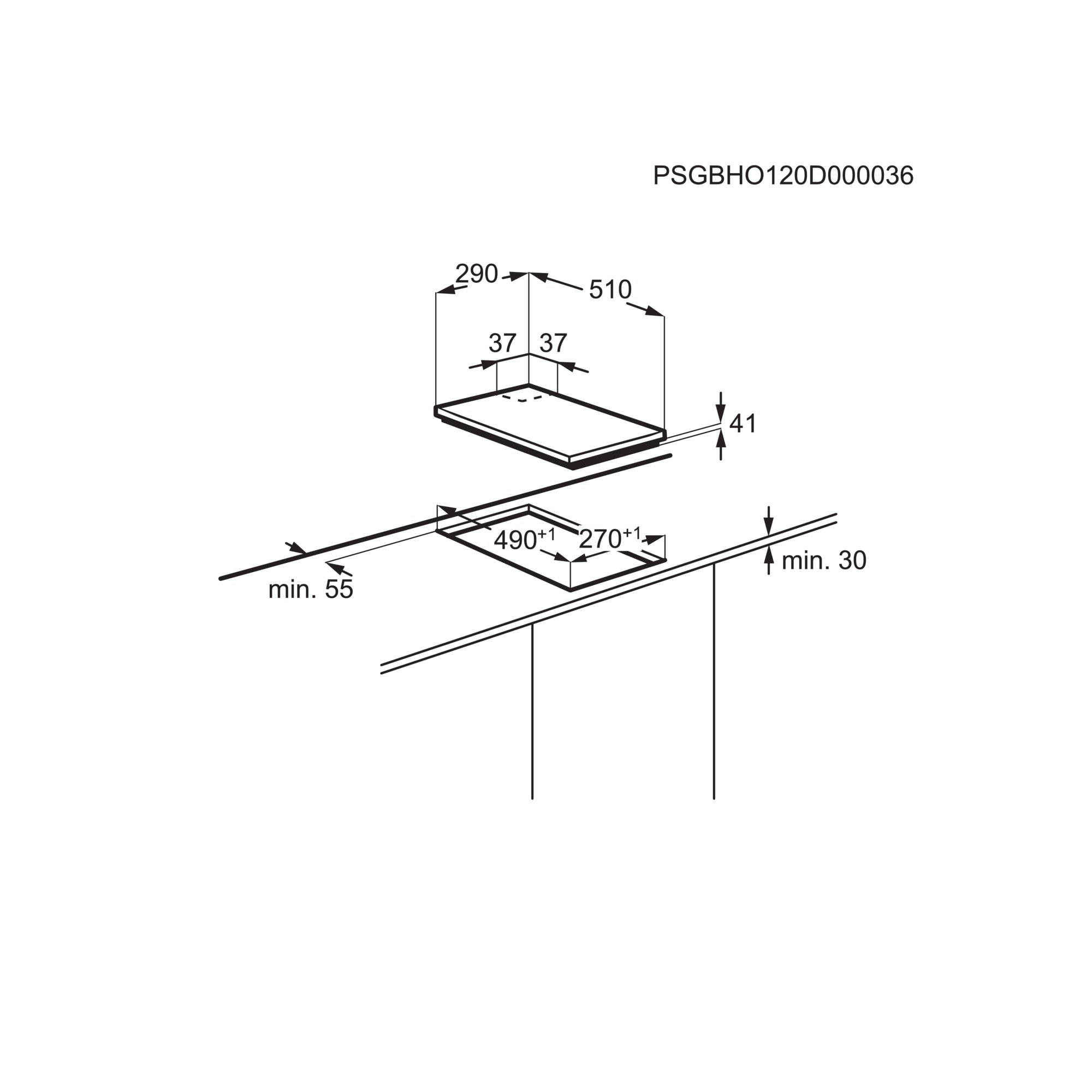 Diagram przedstawia wymiary płyty grzewczej. Posiada linie i liczby wskazujące wymiary, takie jak 290, 510, 41, 490+1, 270+1 i min. 55.