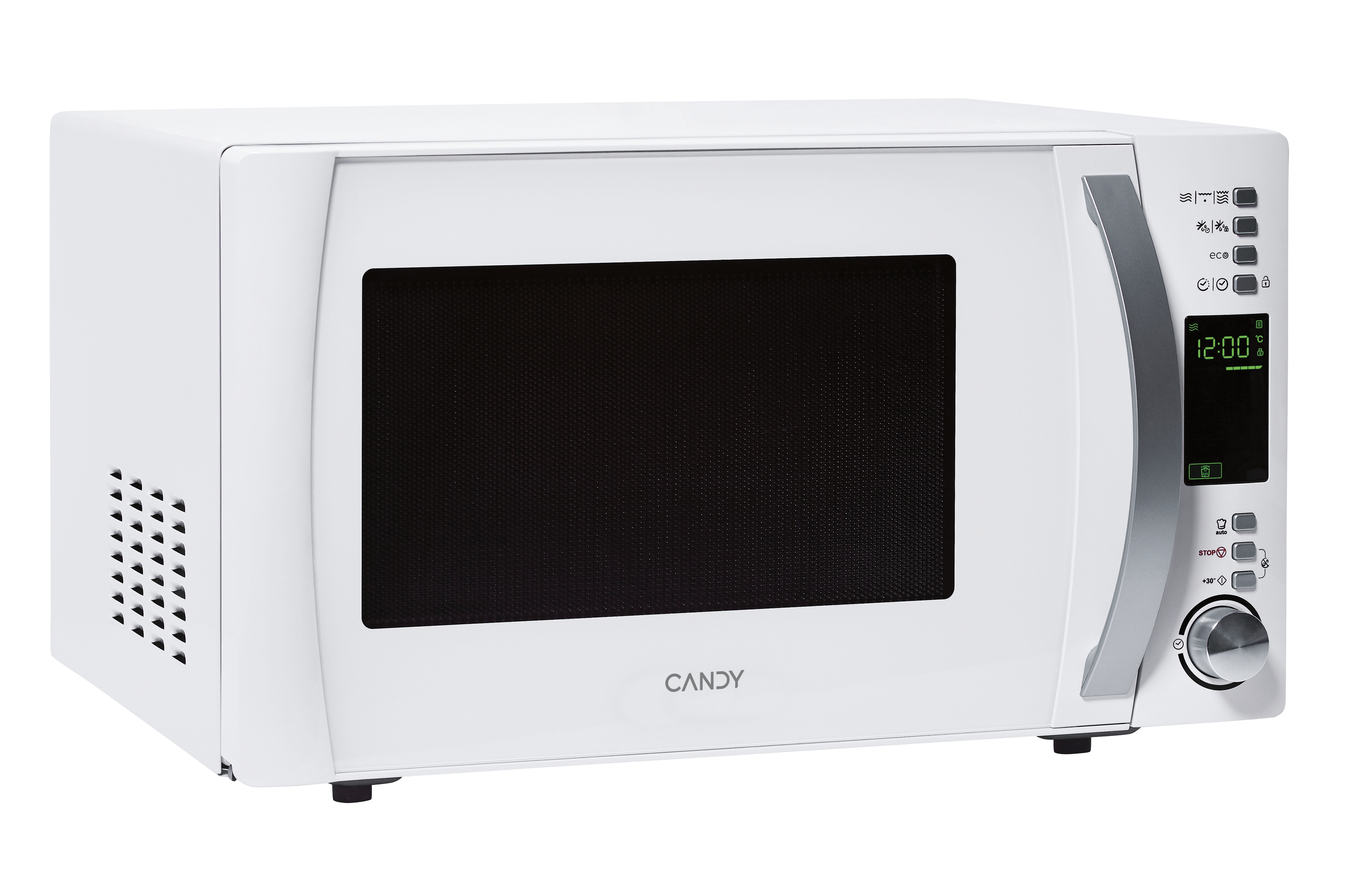 Horno microondas Candy blanco. Interior negro, pantalla digital, panel de control a la derecha. La hora es 12:00.