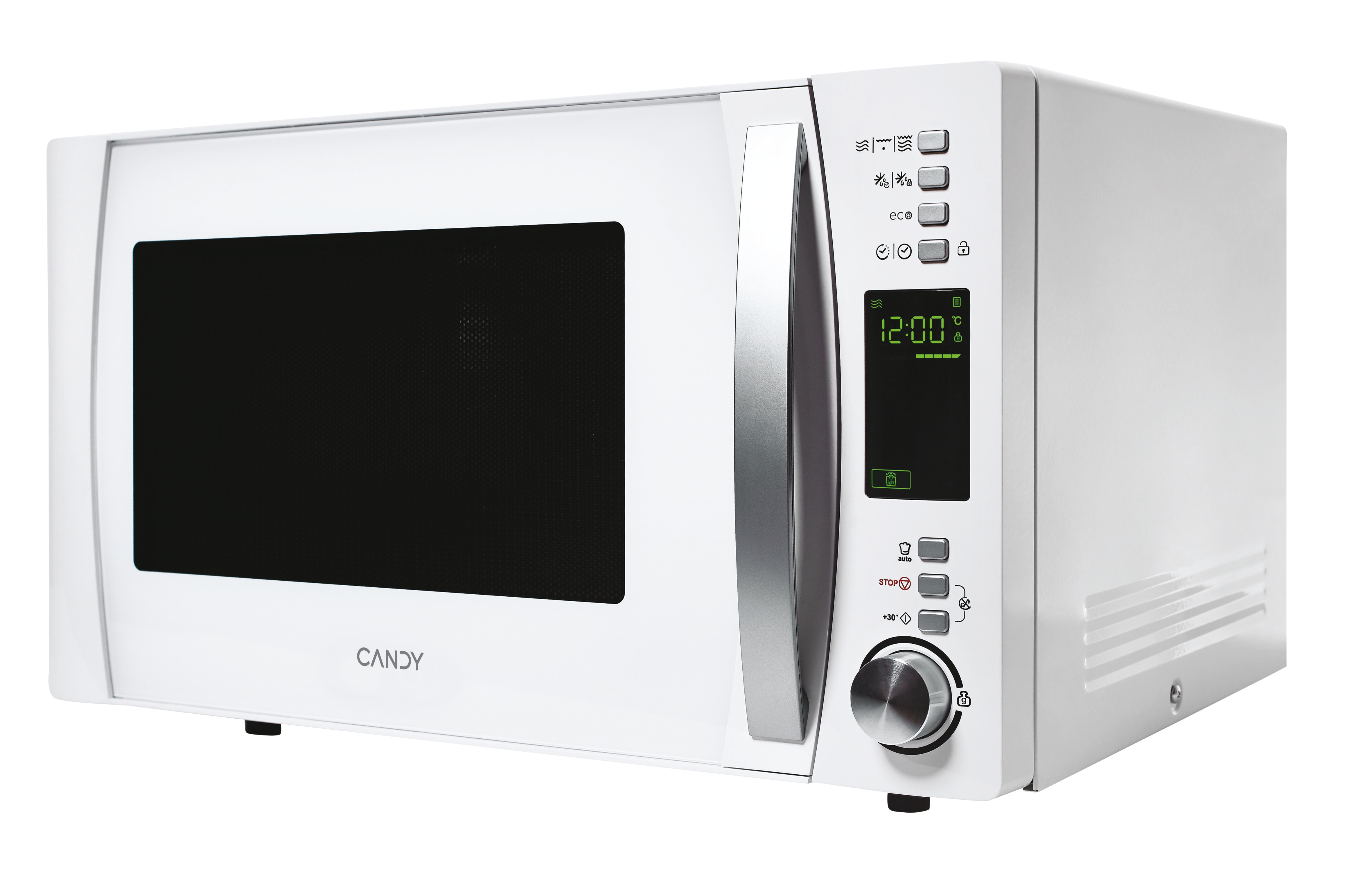 Un horno microondas Candy blanco con puerta y panel de control negros. La hora se muestra como 12:00.