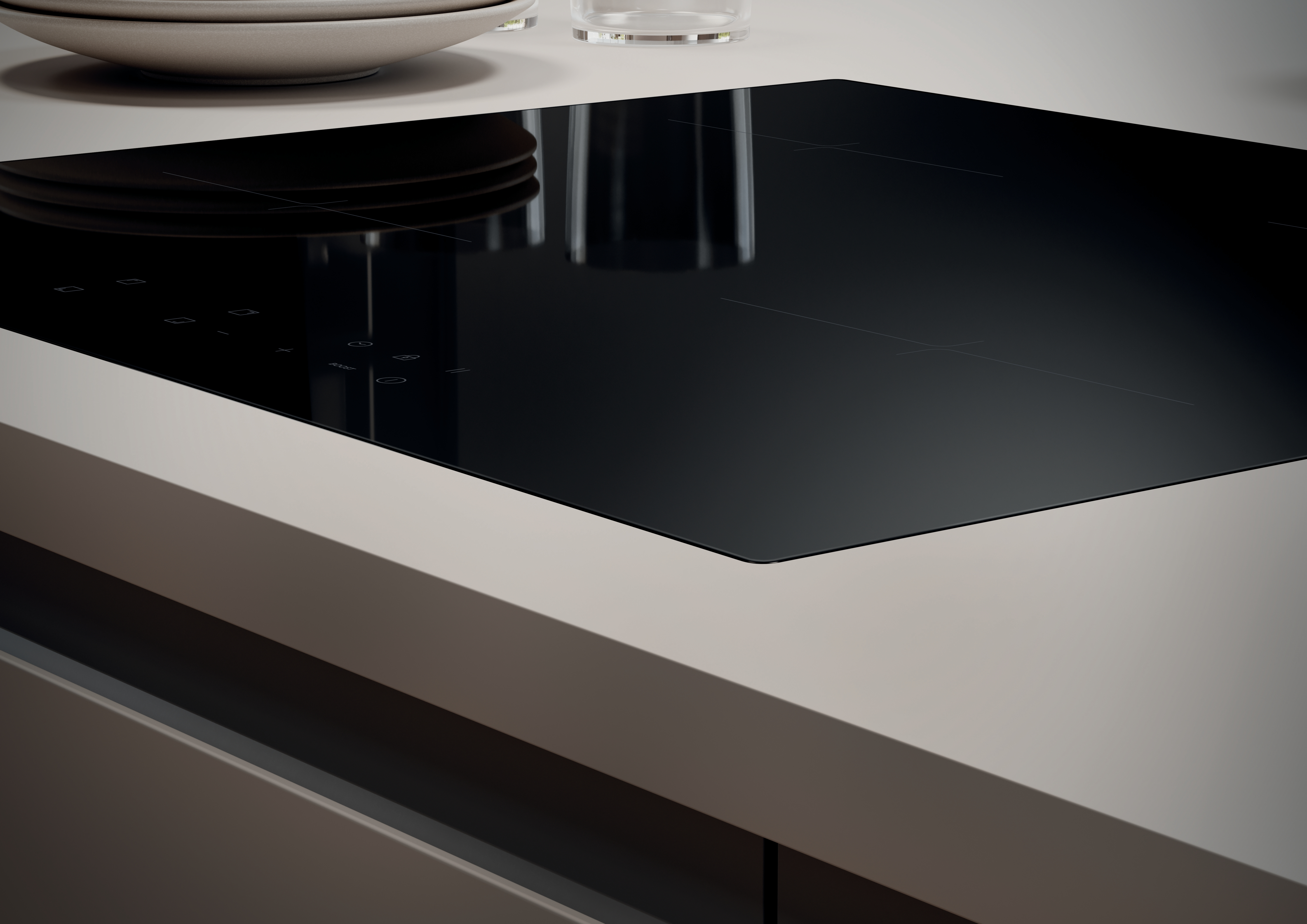 Czarna płyta indukcyjna z panelem sterowania, beżowy blat i białe talerze w tle.