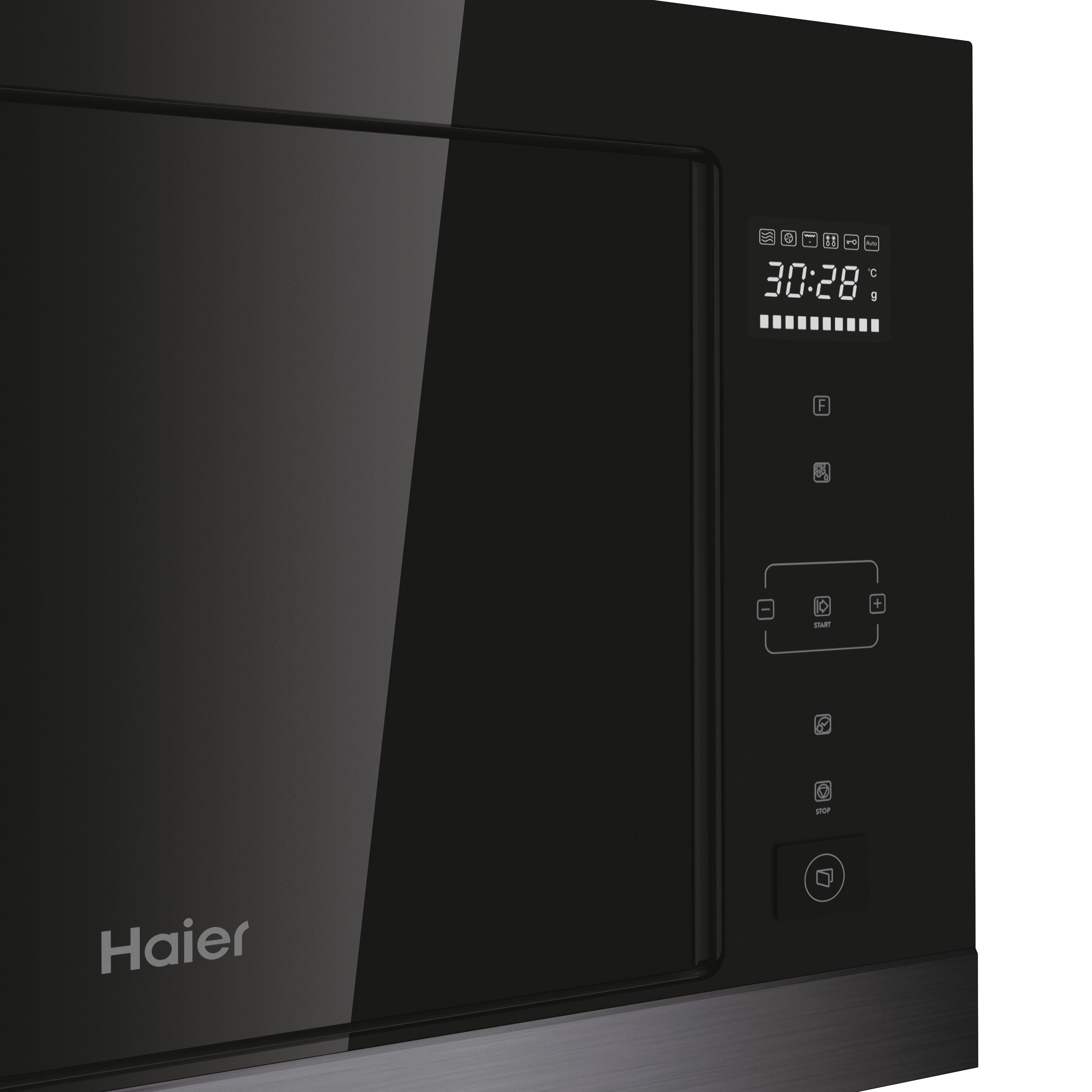 Microondas Haier negro. Muestra 30:28. Panel de control a la derecha. Parte inferior de acero inoxidable.