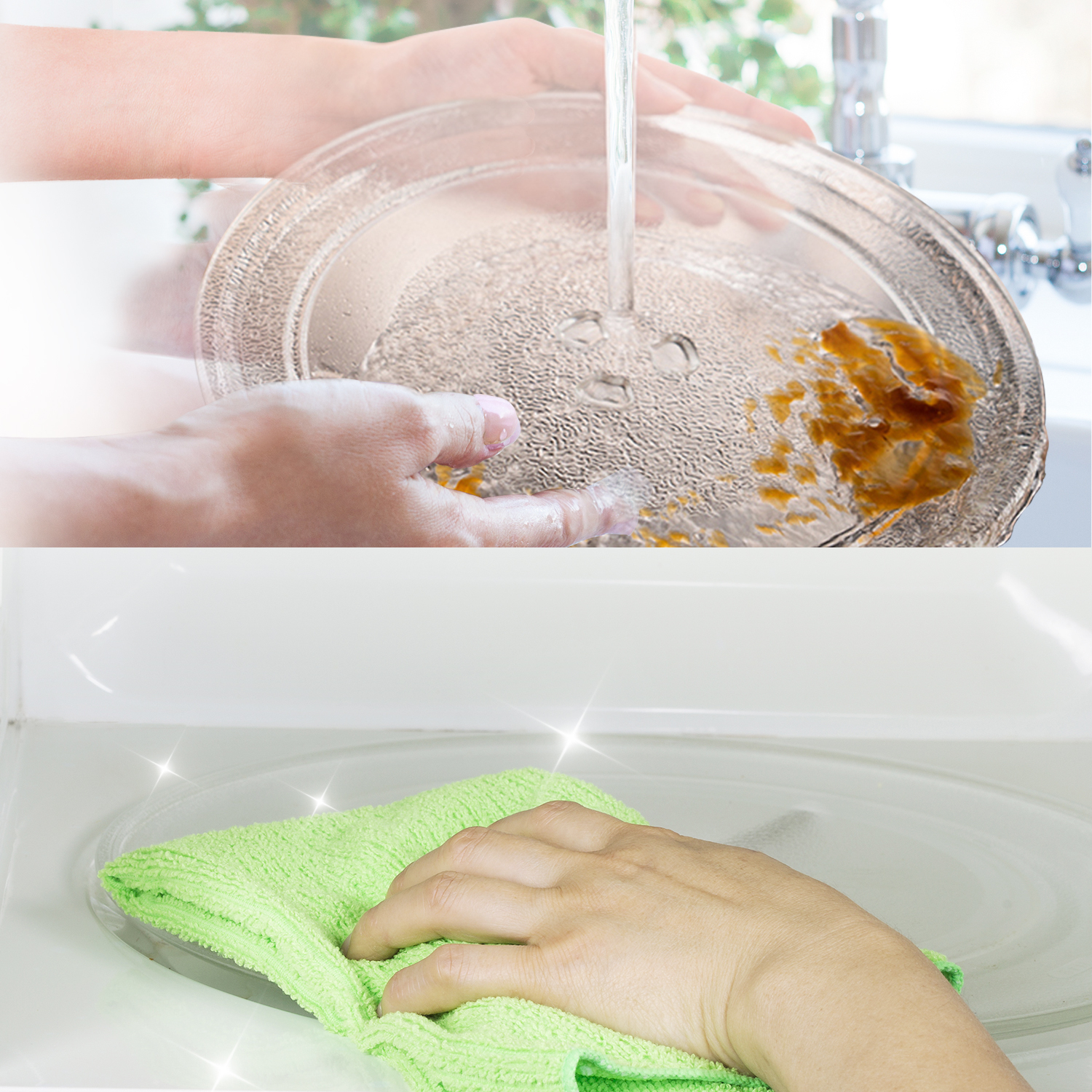 Eine Person wäscht eine schmutzige Glasplatte unter fließendem Wasser. Anschließend wird die Platte in einer Mikrowelle mit einem grünen Tuch gereinigt.
