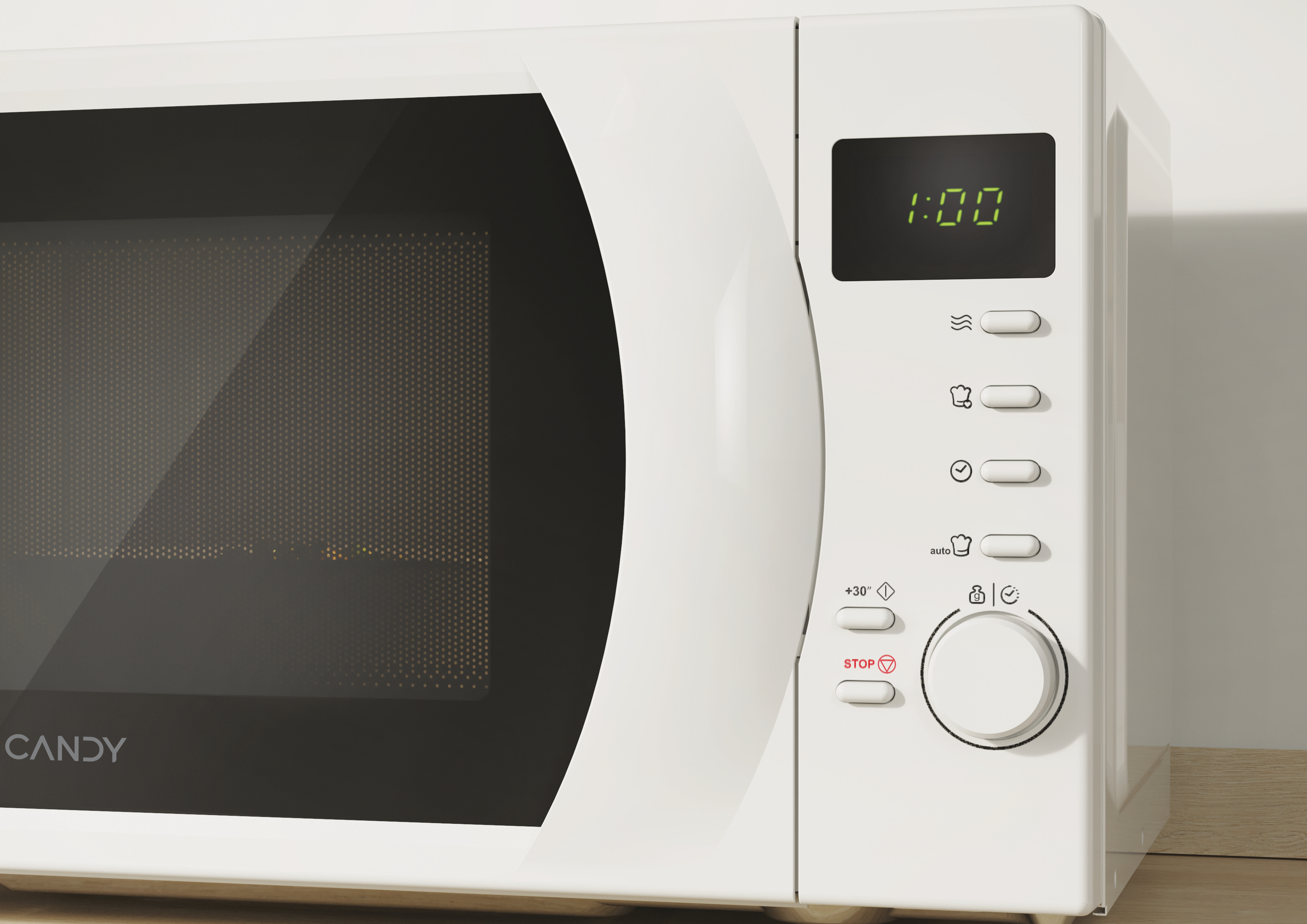 Un forno a microonde bianco con display digitale 1:00. Pulsanti di controllo e manopola a destra.