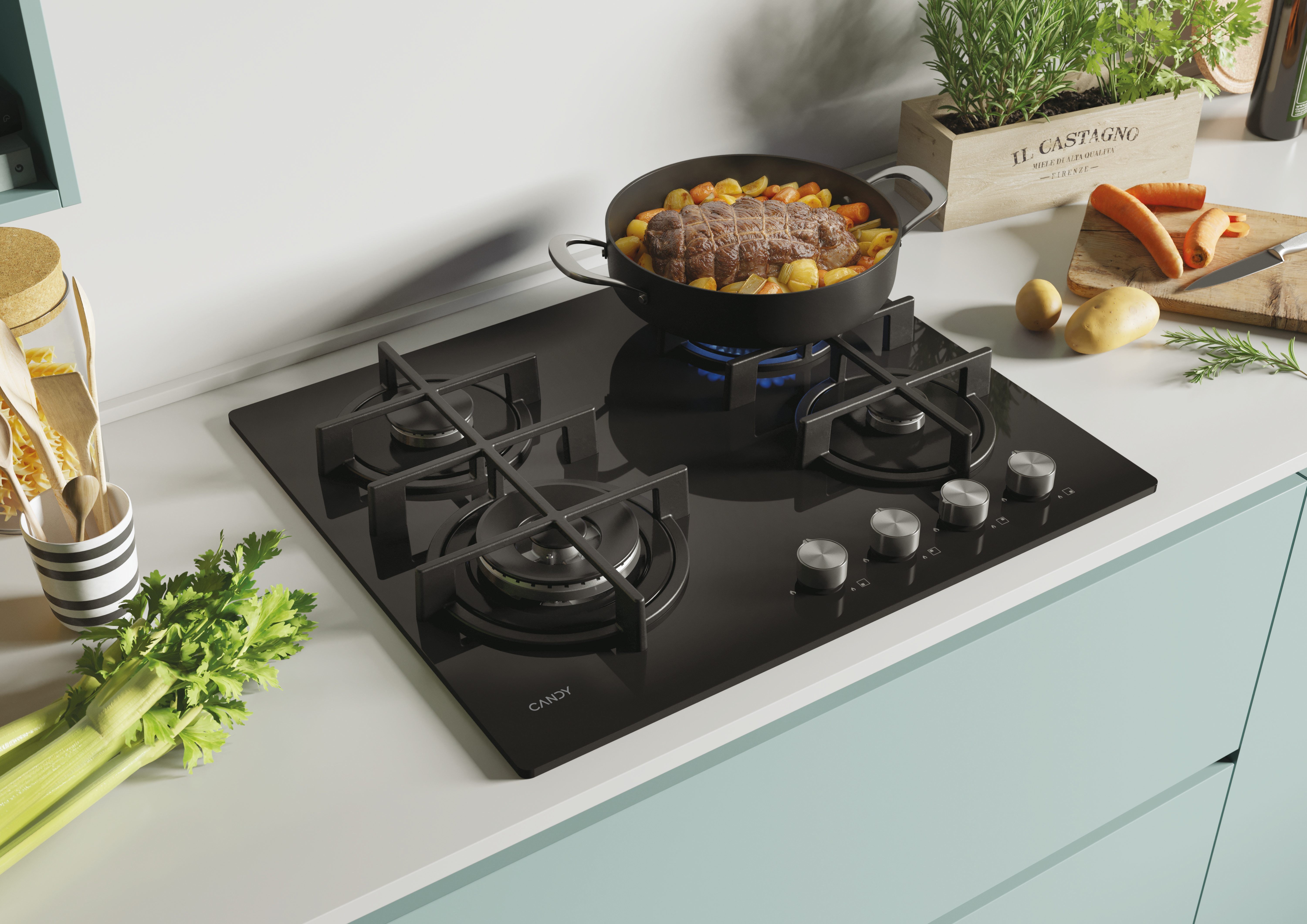 Scena di cucina con fornello nero, pentola con cibo, verdure ed erbe. Il fornello è su un piano di lavoro azzurro.