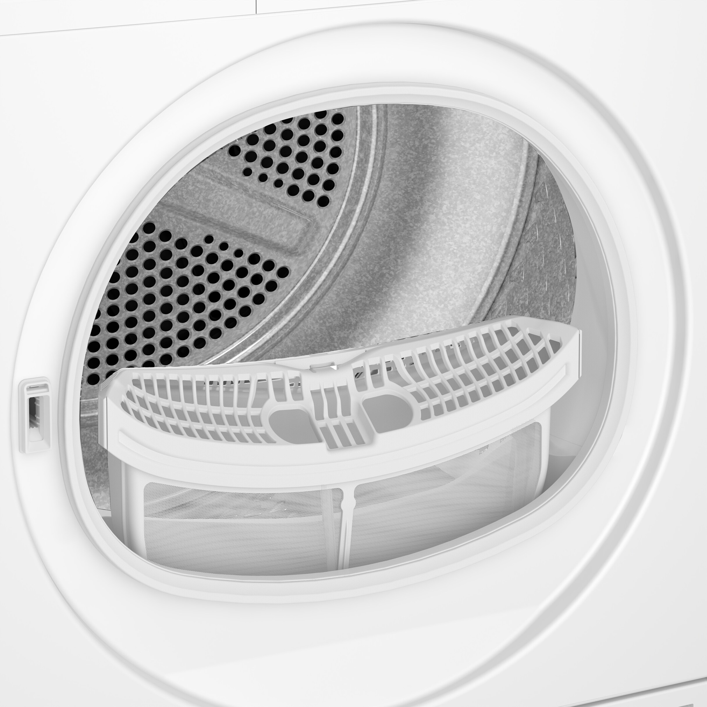 Primo piano del cestello dell'asciugatrice. Un filtro per lanugine bianco è al centro. Il cestello è metallico e la porta bianca.