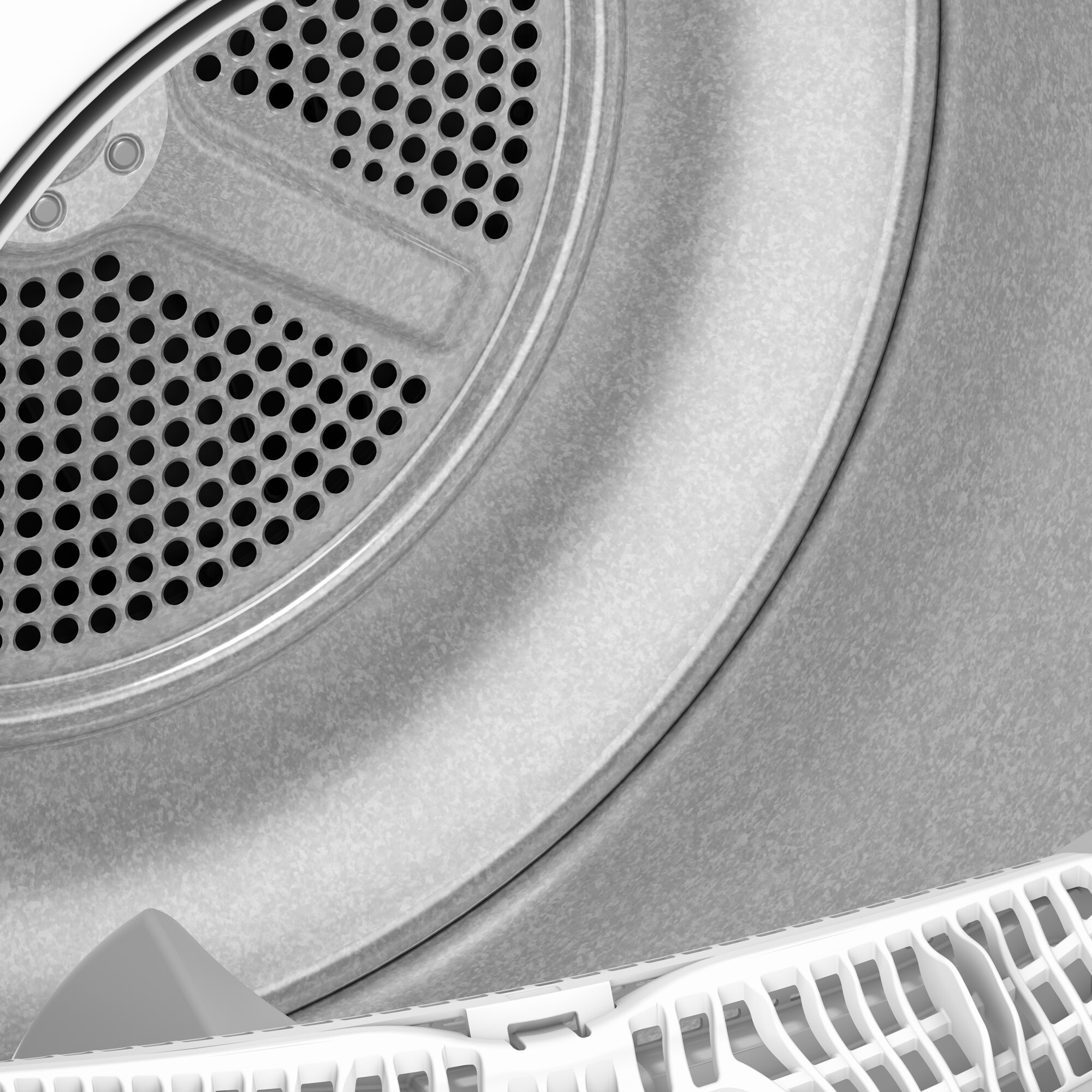 Primo piano dell'interno dell'asciugatrice. Cesto in metallo perforato, filtro lanugine in plastica bianca e telaio in metallo grigio.