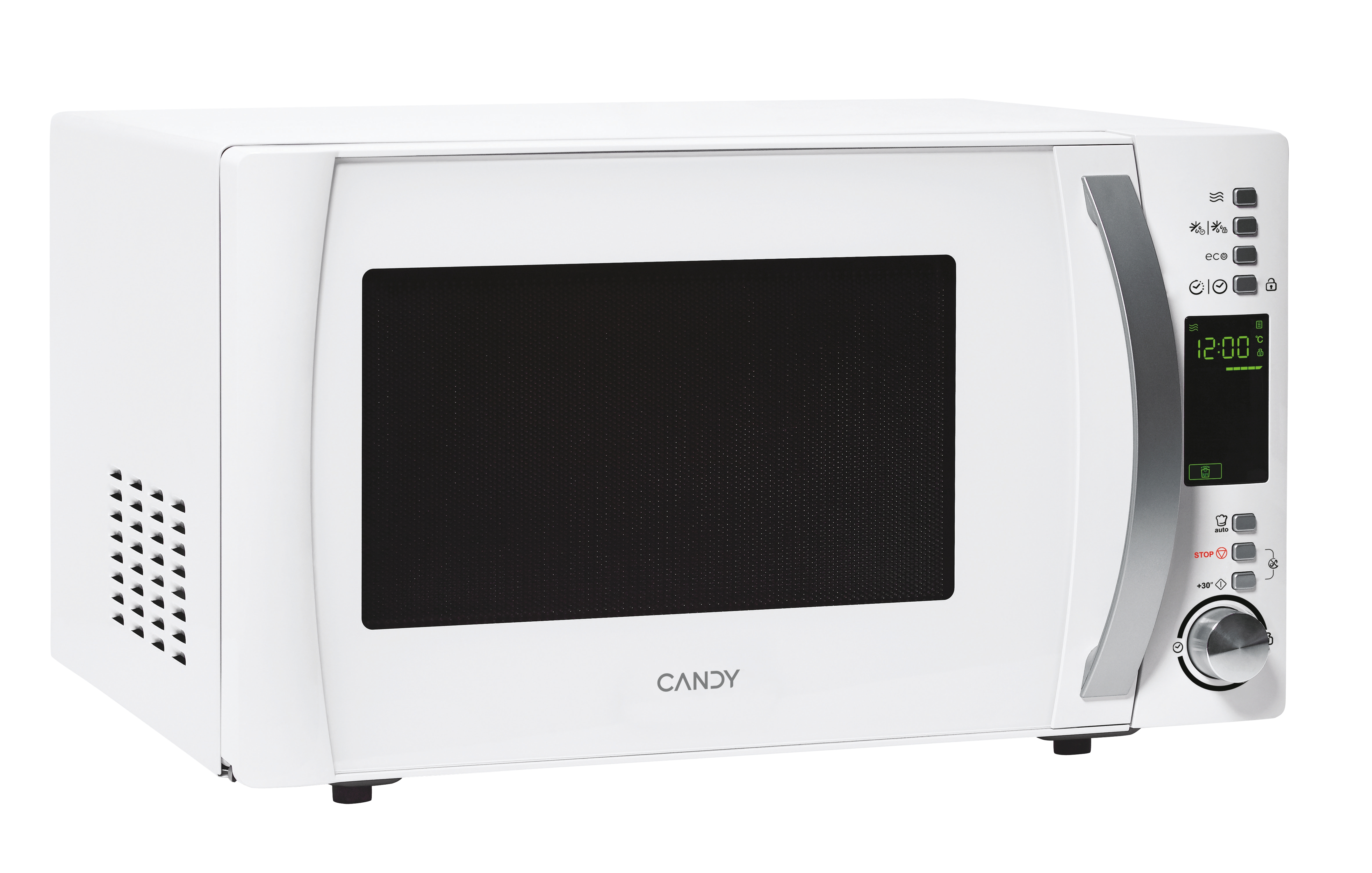 Un microondas blanco con puerta negra y pantalla digital que muestra las 12:00. La marca es Candy.