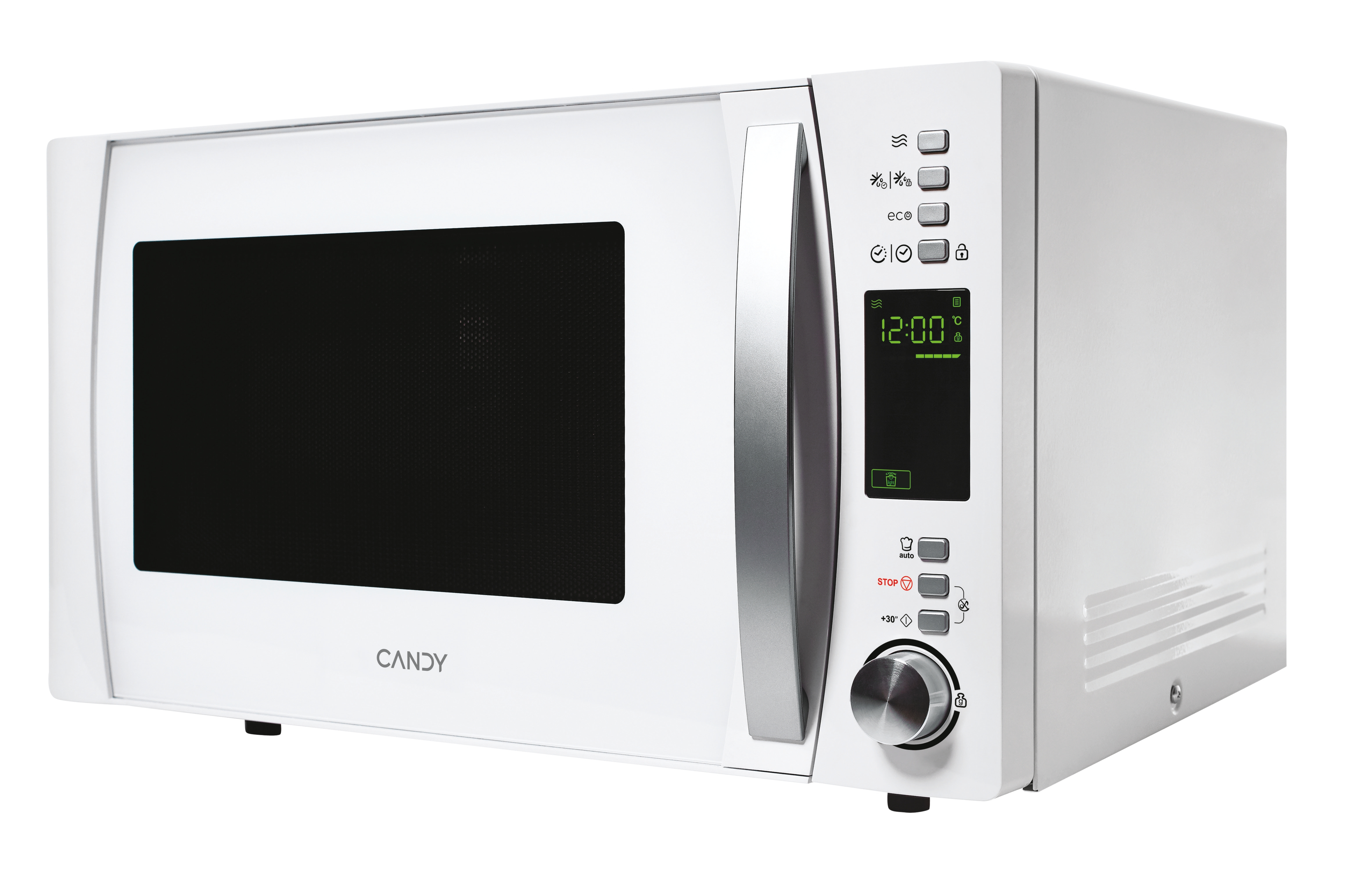 Un horno microondas blanco con puerta y panel de control negros. La marca es Candy.