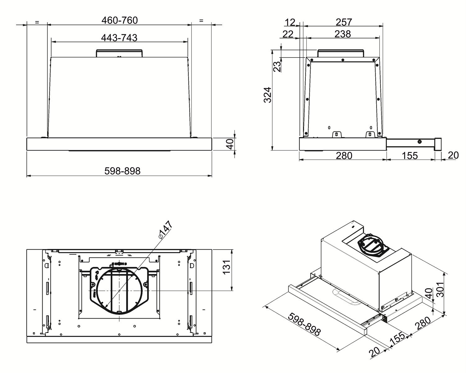 Dibujo técnico de una campana extractora, con dimensiones en milímetros, mostrando vistas superior, frontal y lateral.