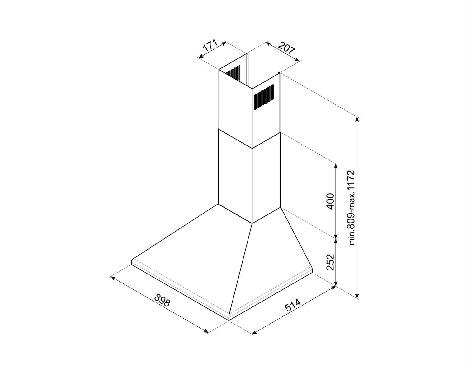 Una campana de cocina blanca con dimensiones etiquetadas. Tiene forma de chimenea y una base más ancha, con medidas en milímetros.
