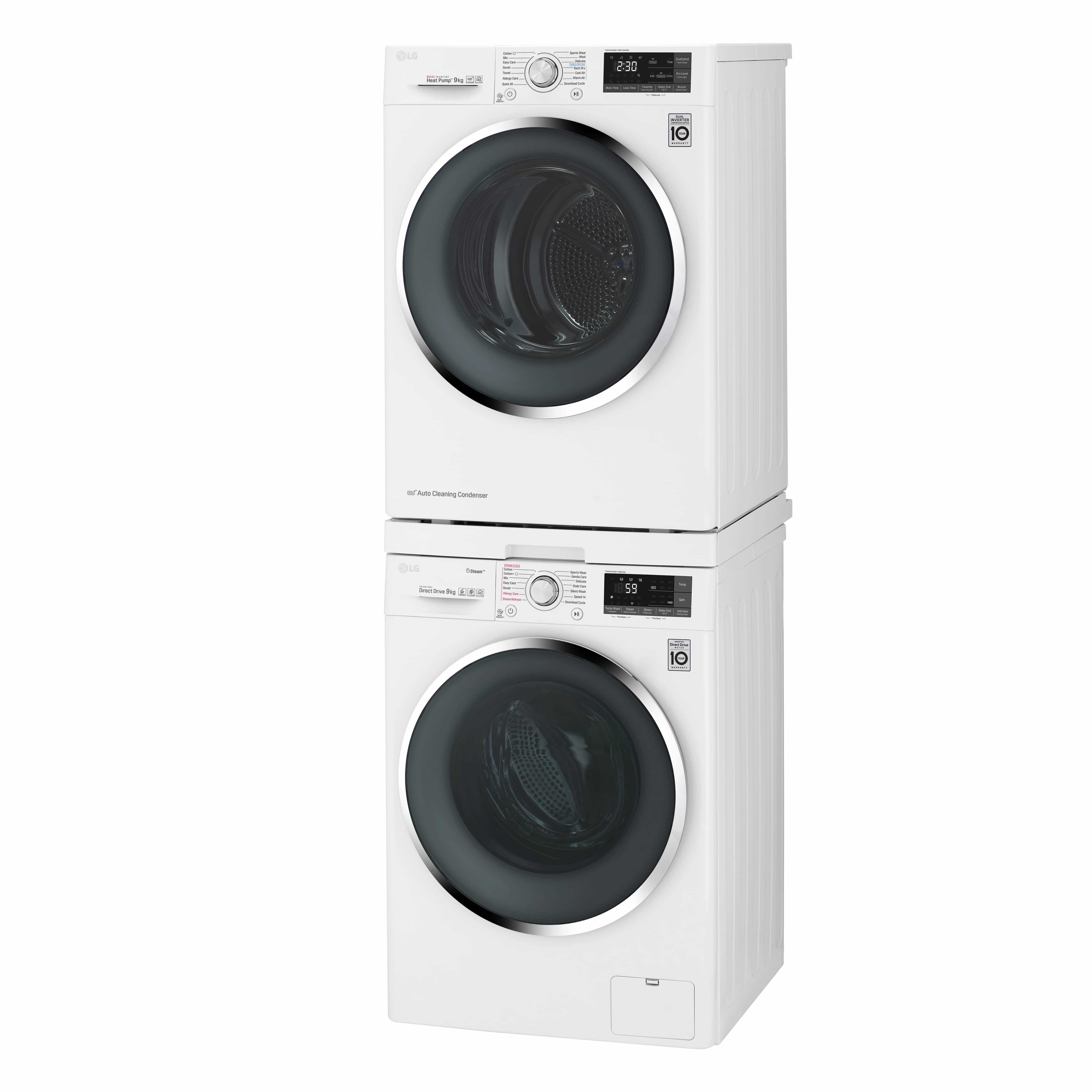 Dos lavadoras LG blancas apiladas. Cada una tiene una puerta gris oscuro y un panel de control. La pantalla superior muestra 2:30.