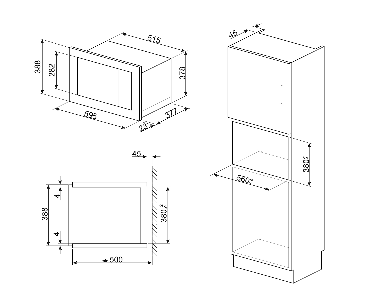 Dibujo técnico de un microondas y armario con dimensiones, en líneas negras sobre fondo blanco. Vistas frontal y lateral.