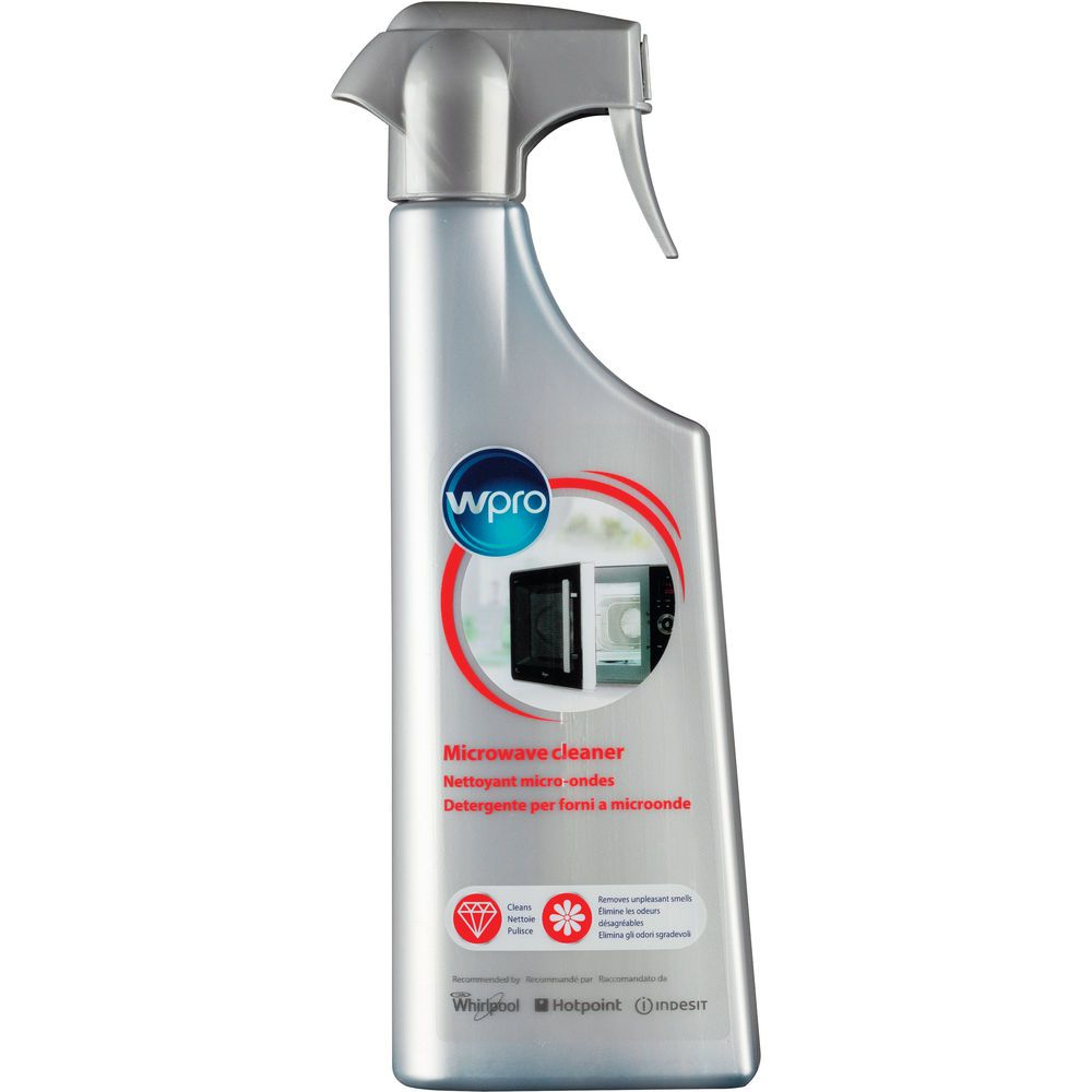 Una bottiglia spray d'argento di detergente per microonde Wpro. L'etichetta dice 'Microwave cleaner' e 'Nettoyant micro-ondes'.