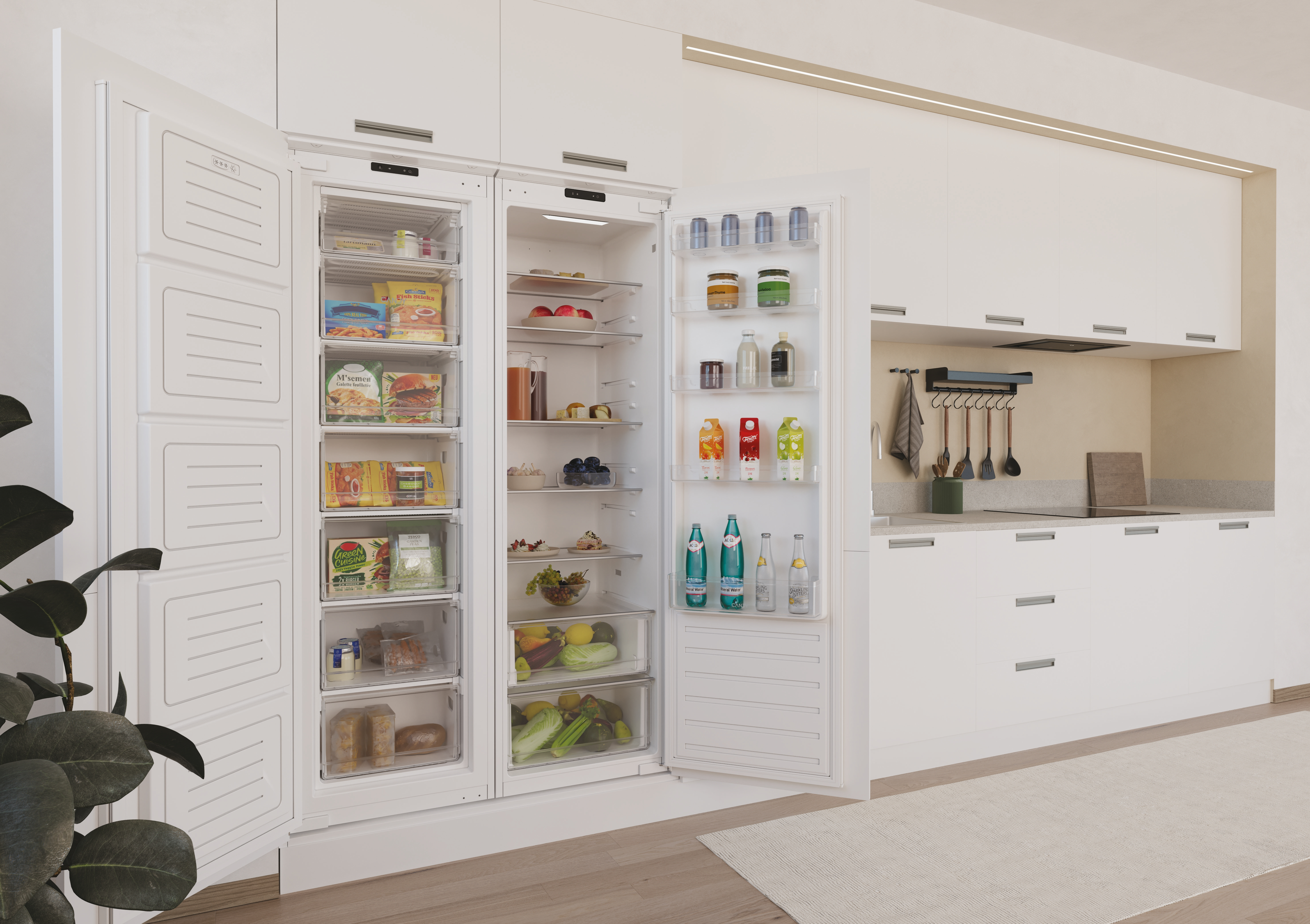 Una cucina moderna con un grande frigorifero aperto pieno di cibo. Sono visibili mobili e bancone.