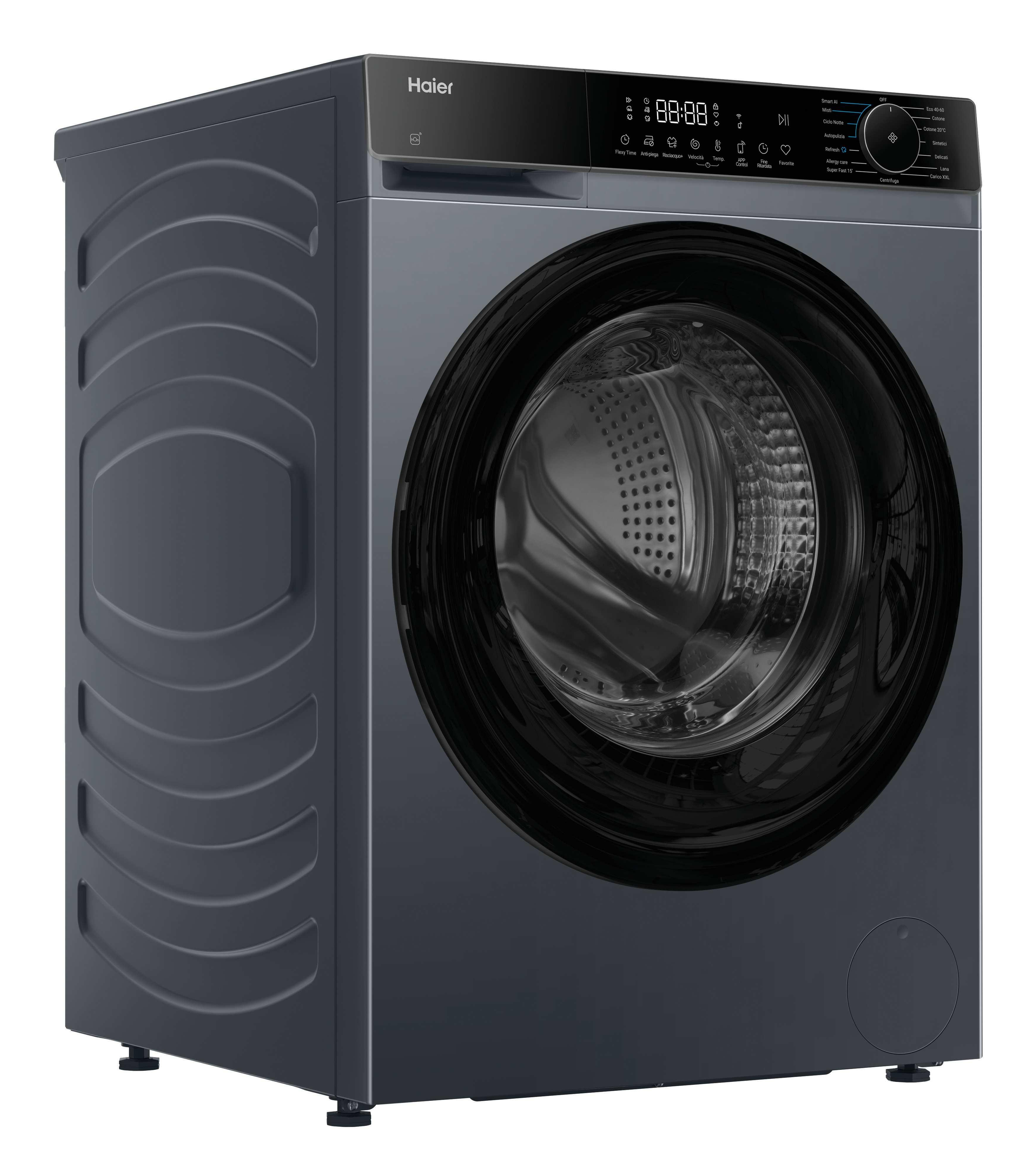 Lavatrice Haier grigio scuro. Ha una porta nera, display digitale e quadrante di controllo. Il cestello è visibile.
