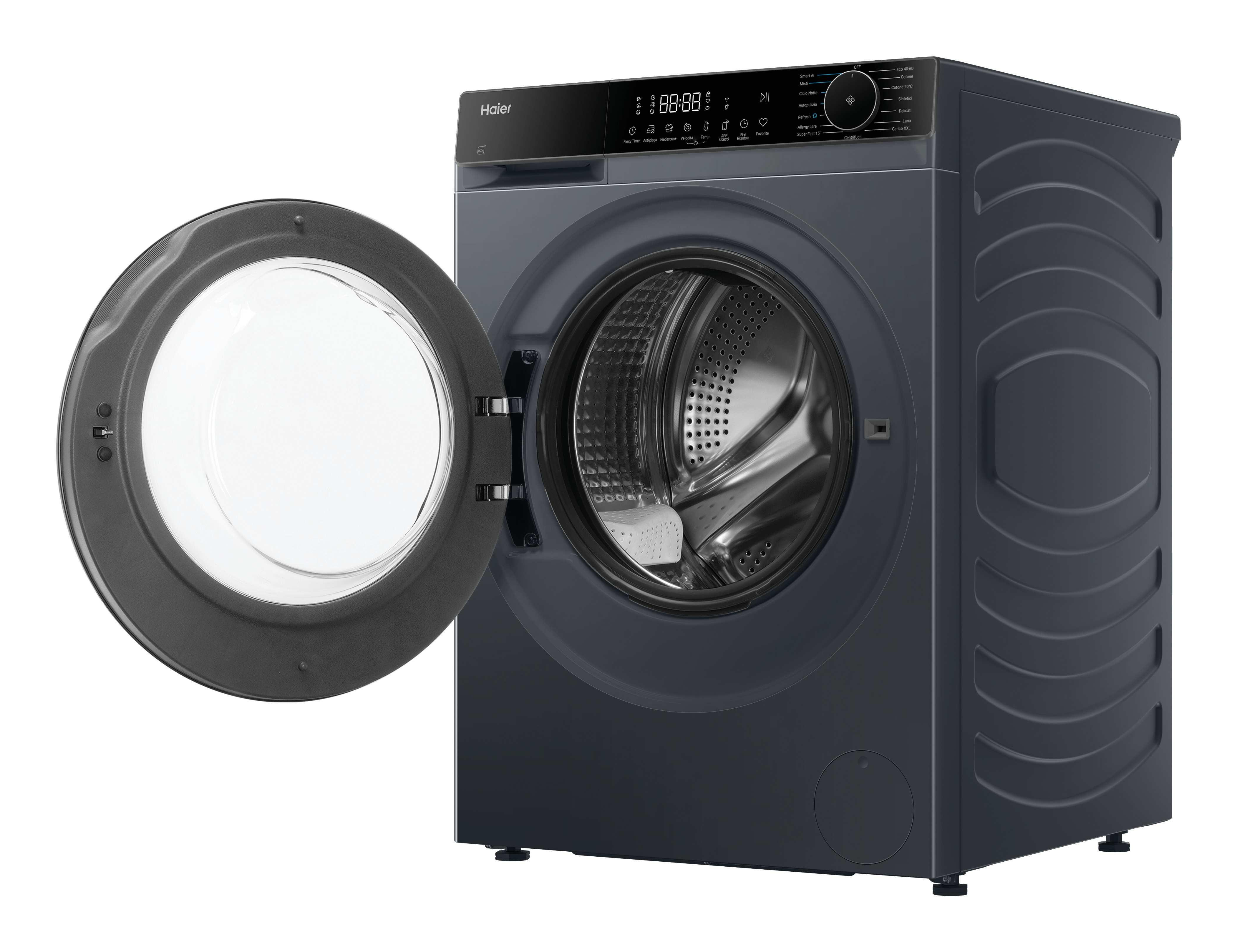 Lavatrice Haier grigio scuro con porta aperta. Il display mostra impostazioni e tempo.