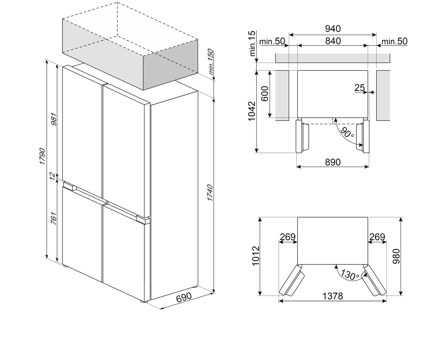 Disegno tecnico di un frigorifero, con dimensioni e angoli. Include vista dall'alto, laterale e frontale con misure.