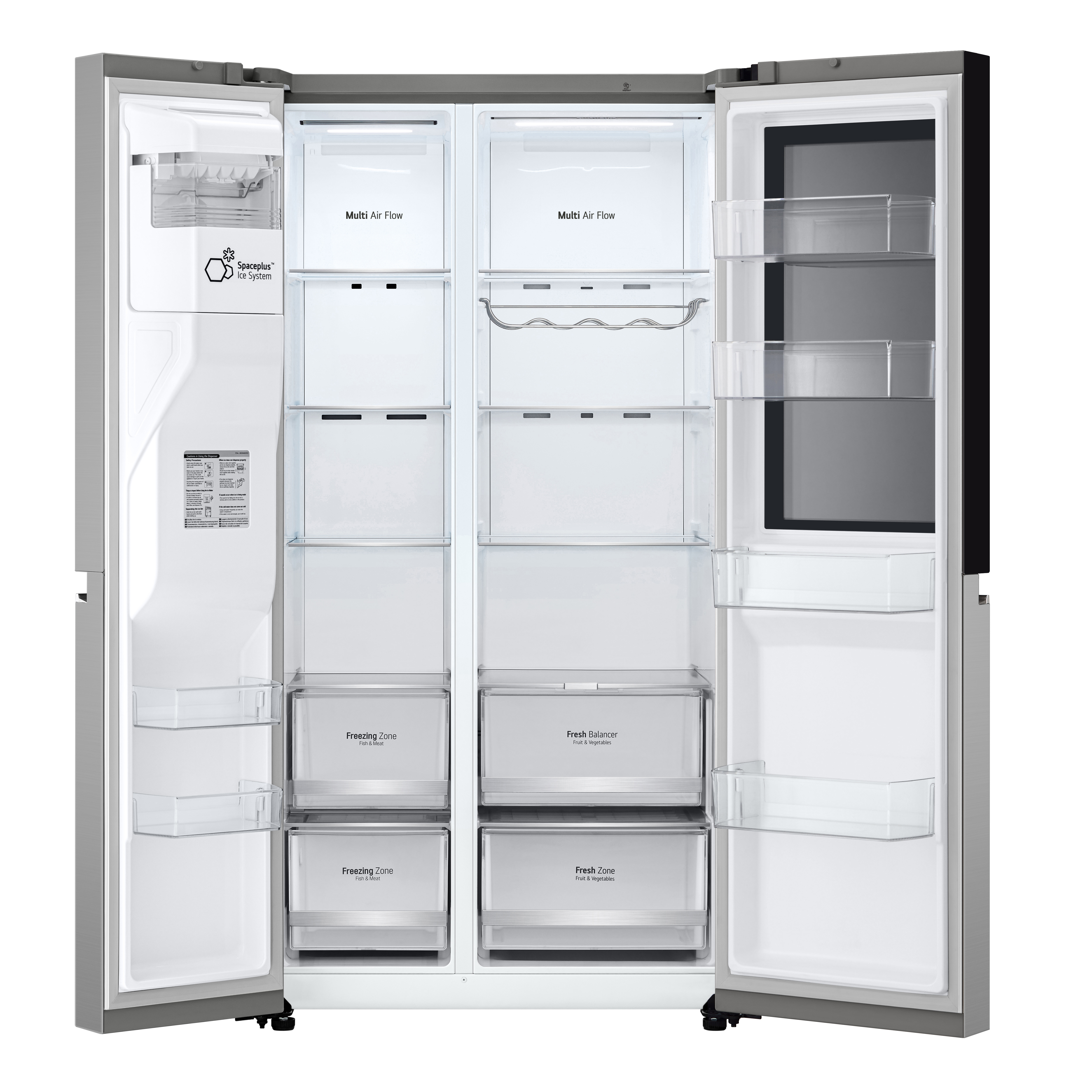 Offener Kühlschrank mit mehreren Fächern, Regalen und Schubladen. Mit 'Multi Air Flow', 'Freezing Zone' und 'Fresh Balancer'.
