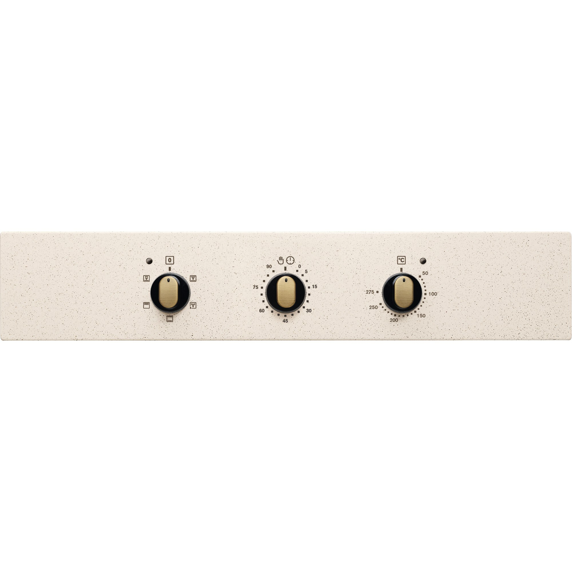 Pannello comandi forno con tre manopole e indicatori temperatura/timer. Superficie beige macchiettata.