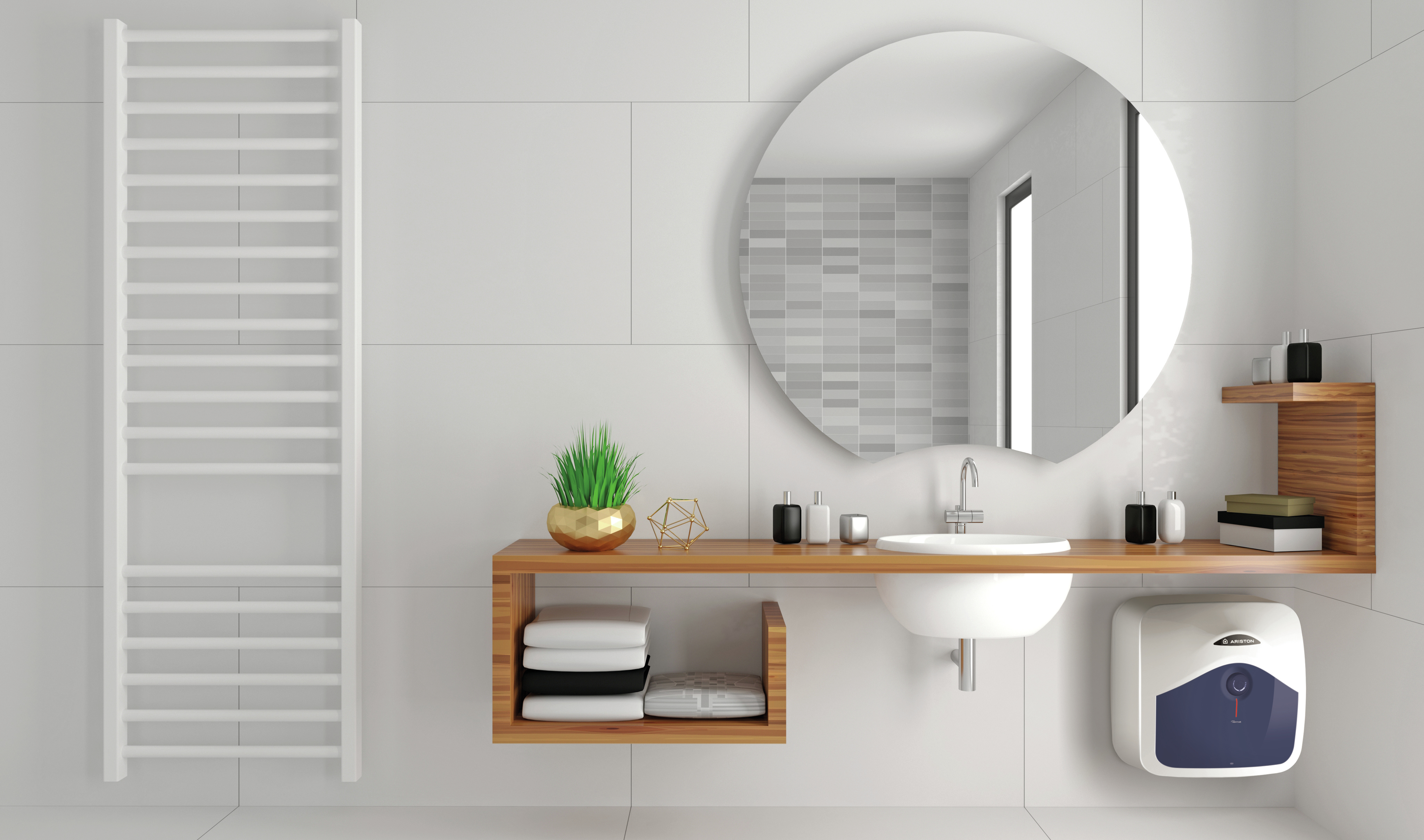 Bagno con pareti bianche, specchio rotondo, mensola in legno, lavandino e portasciugamani bianco a sinistra. Uno scaldabagno a destra.