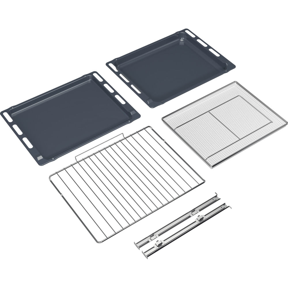 Accessori per forno: due teglie, una griglia, un cestello a rete e due guide laterali, tutto su sfondo bianco.