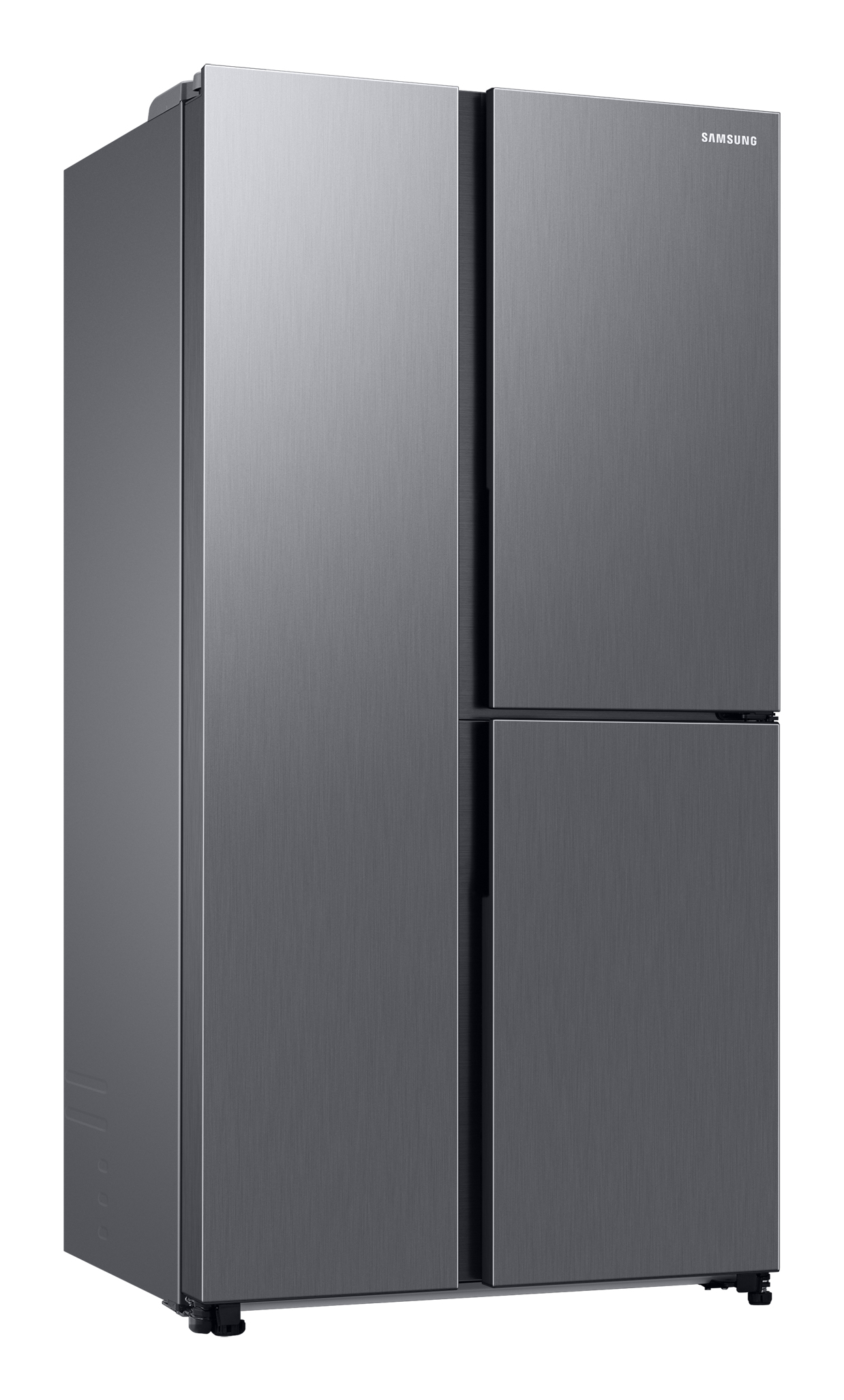 Un moderno frigorifero Samsung grigio metallizzato. Ha quattro porte. Il logo Samsung è sulla porta in alto a destra.