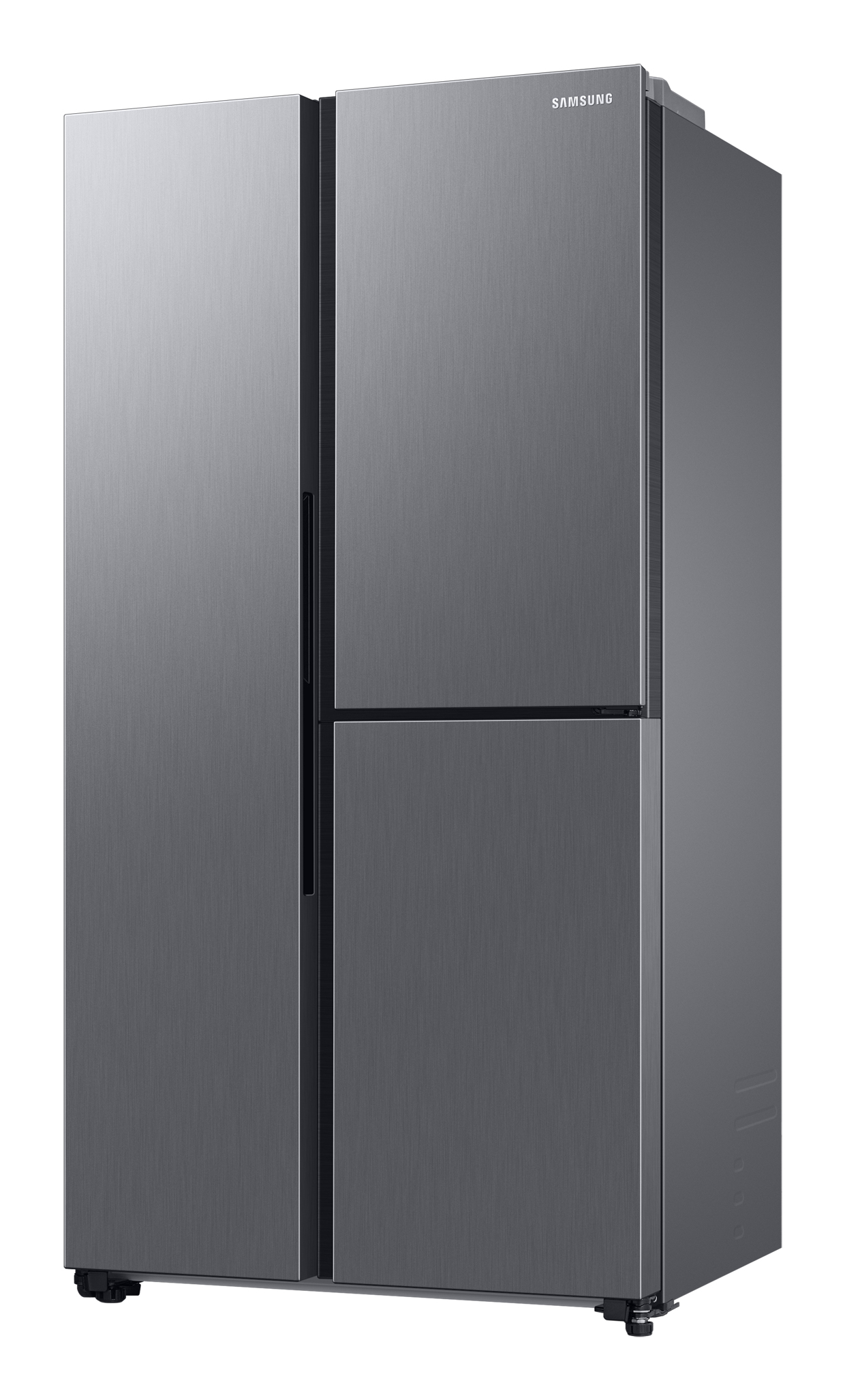 Un frigorifero Samsung grigio metallizzato. Ha quattro porte, maniglie verticali e il marchio in alto a destra.