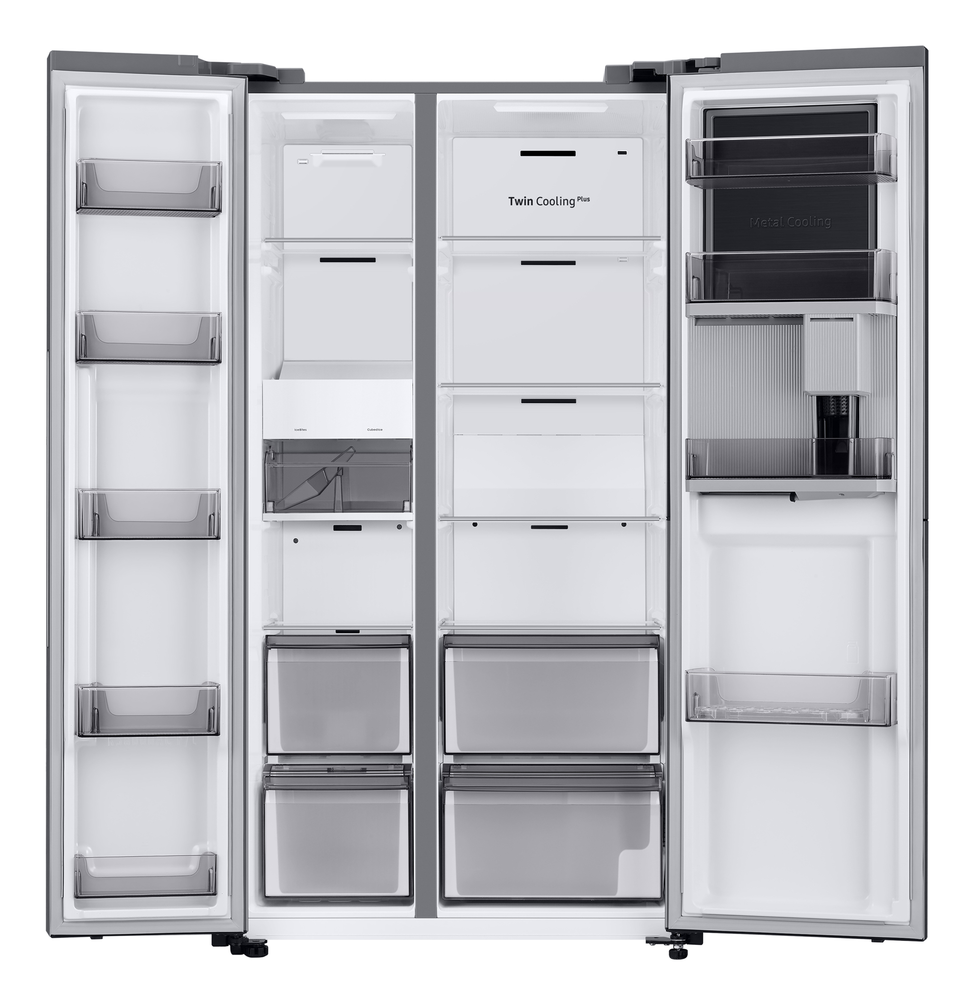 Frigorifero aperto che mostra l'interno. Sono visibili ripiani, cassetti e scomparti. Twin Cooling Plus e Metal Cooling sono etichettati.