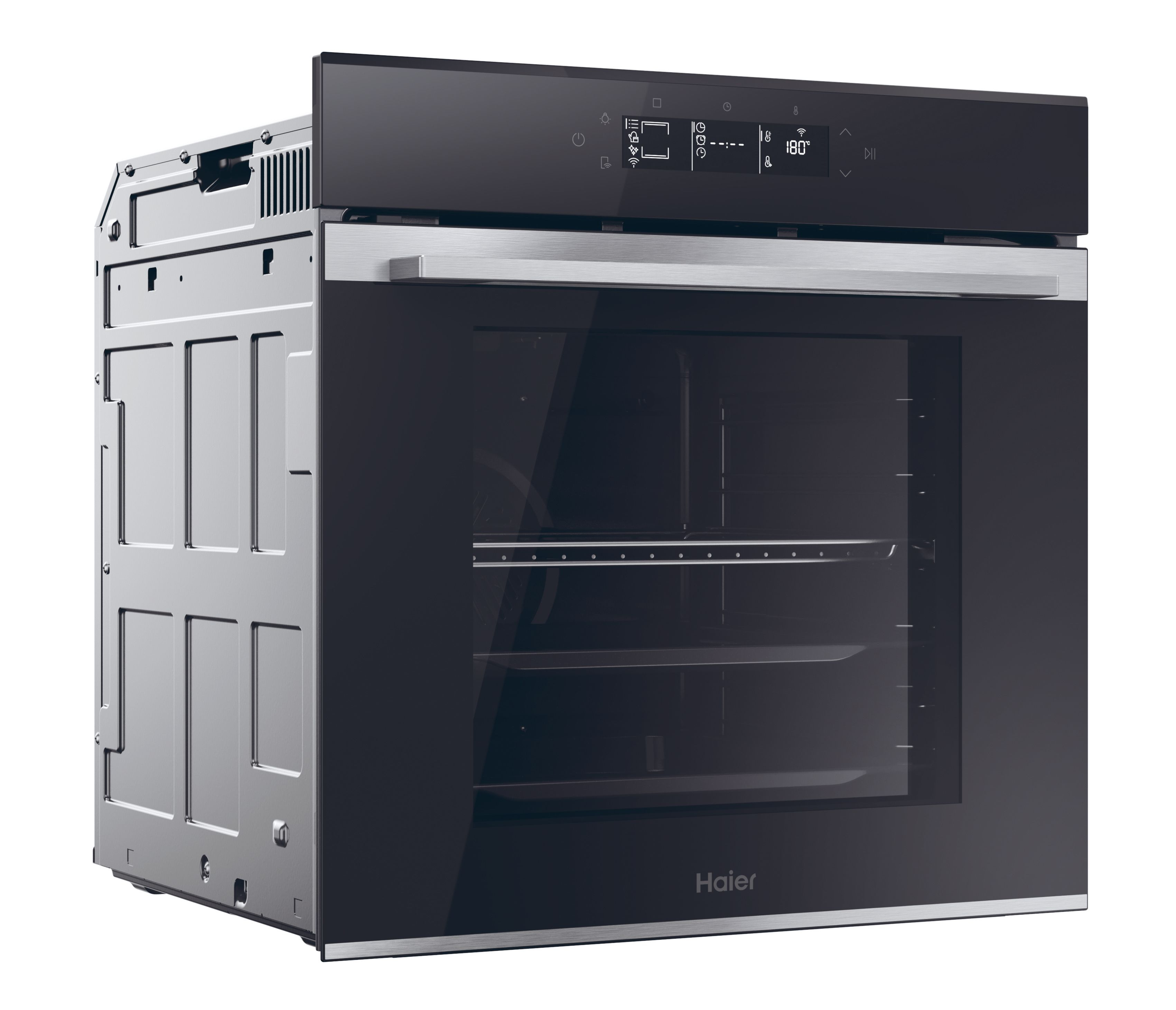 Un forno Haier con porta in vetro nero e display digitale. Ha una maniglia in acciaio inossidabile e un lato metallico.