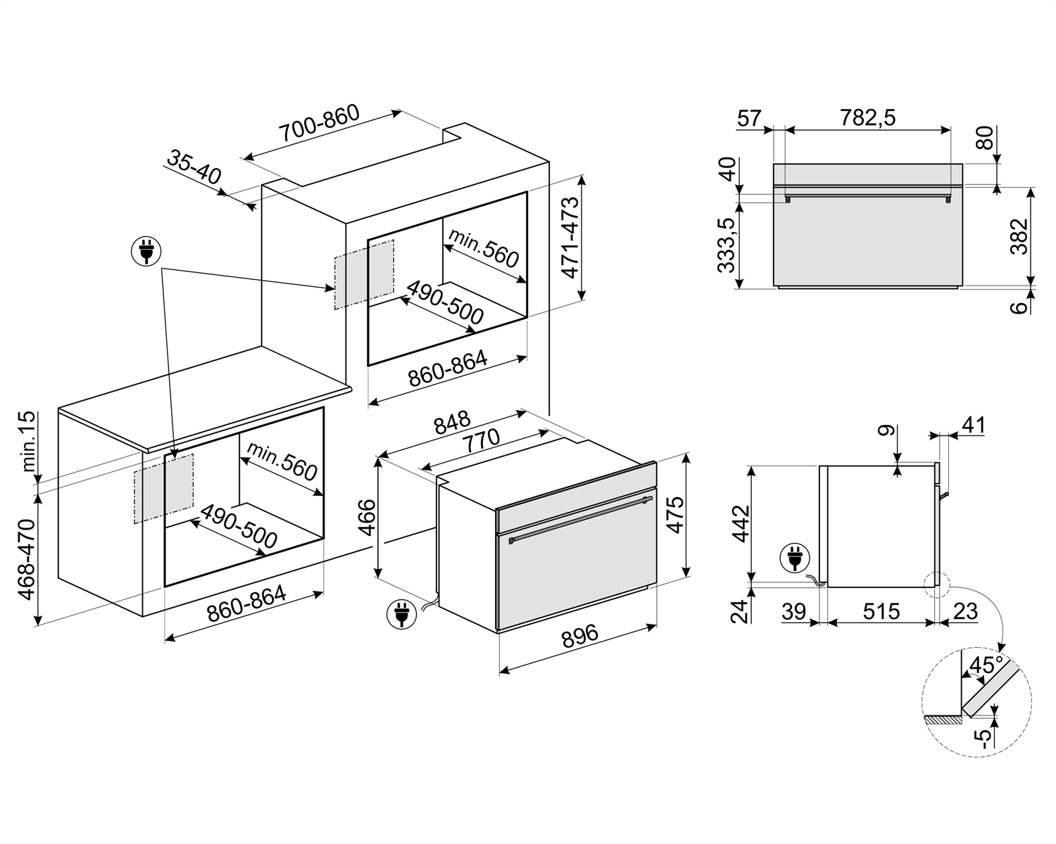 Diagrama de electrodomésticos de cocina con dimensiones. Contornos de horno, microondas y pequeños electrodomésticos con medidas en milímetros.