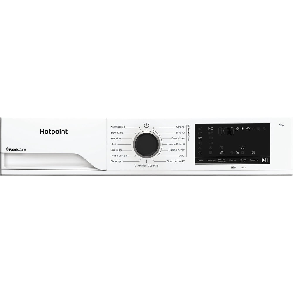Pannello comandi lavatrice Hotpoint bianco con manopola centrale e display digitale che mostra ora e impostazioni.