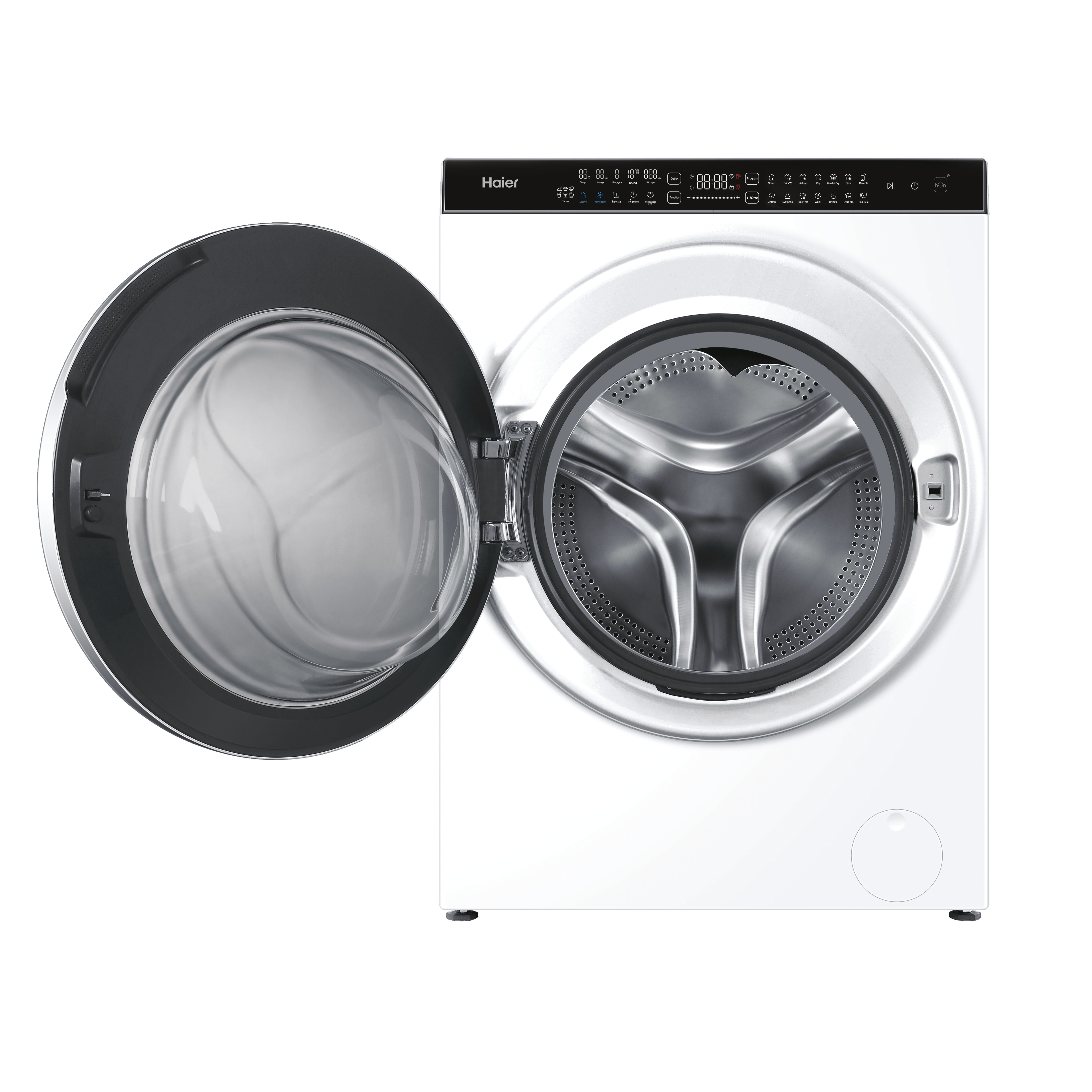 Una lavadora Haier blanca con la puerta abierta. El panel de control es negro. El interior es un tambor plateado.
